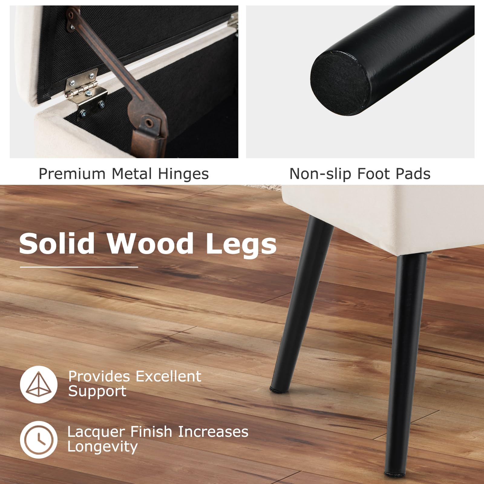 HOMASIS Puff Almacenaje, Baúl de Almacenaje Rectangular, con Asiento Acolchado Abatible, Taburete de Tocador de Terciopelo con Patas de Madera para Salón Dormitorio (Beige)