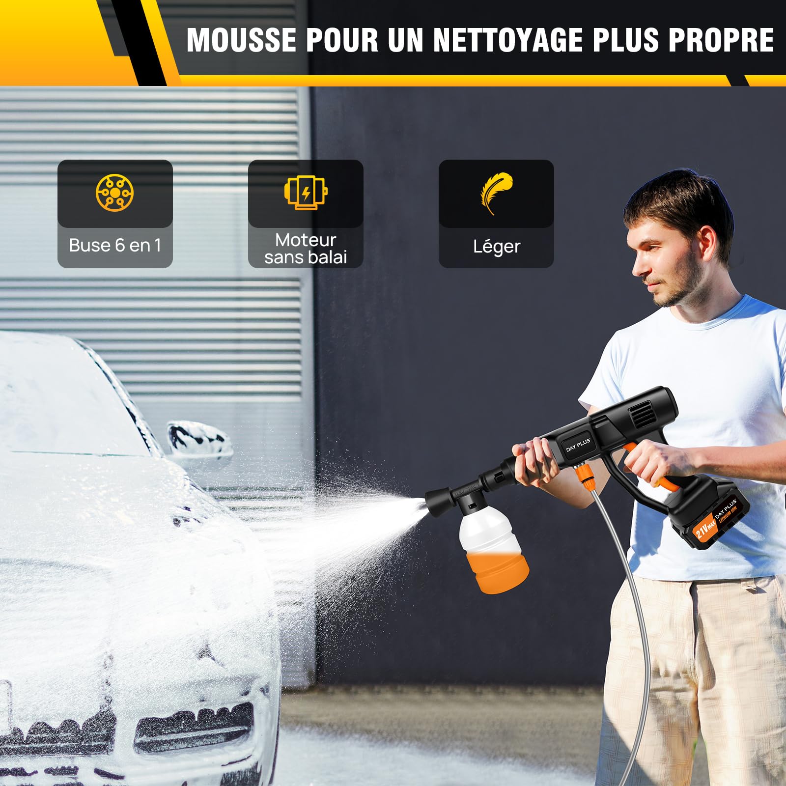 Nettoyeur Haute Pression Sans Fil 6000mAh, 21V 45 Bar/652 PSI Pistolet à Eau Haute Pression Portable avec Générateur de Mousse, Buse Multi-pulvérisation 6en1,Outil de Nettoyage de Voiture en Plein Air