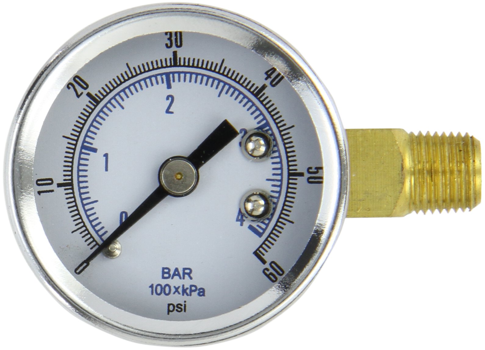 PIC Gauge 101D-158D-RIGHT 1.5" Dial, 0/60 psi Range, 1/8" Male NPT Connection Size, Right Side Bottom Mount Dry Pressure Gauge with a Black Steel Case, Brass Internals, Chrome Bezel, and Plastic Lens