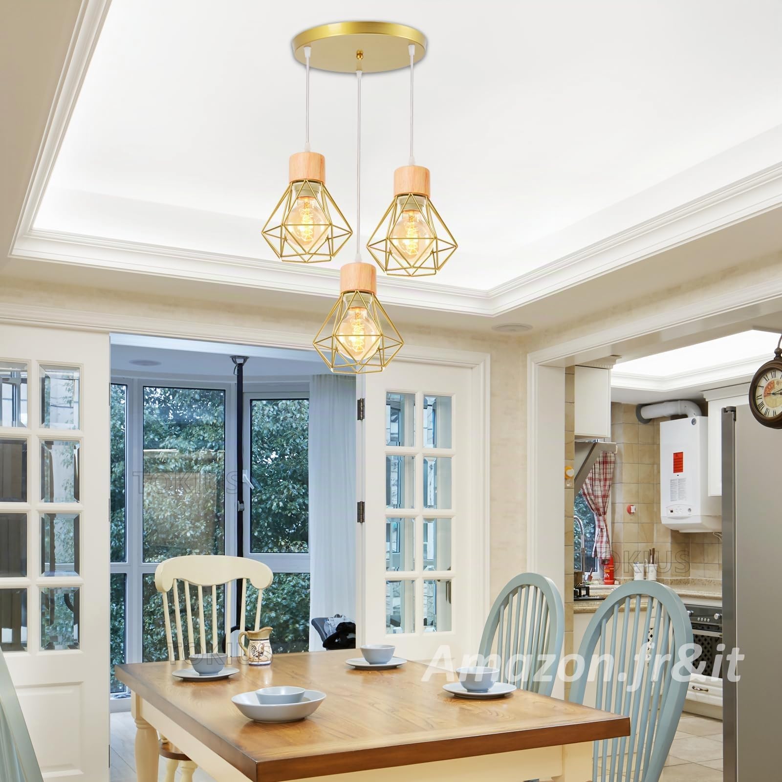 3 luci Lampada a Sospensione Industriale E27 Plafoniera Retro in Metallo e Legno Ø160mm Lampada da soffitto Gabbia Diamanti Oro Design per Cucina Salotto