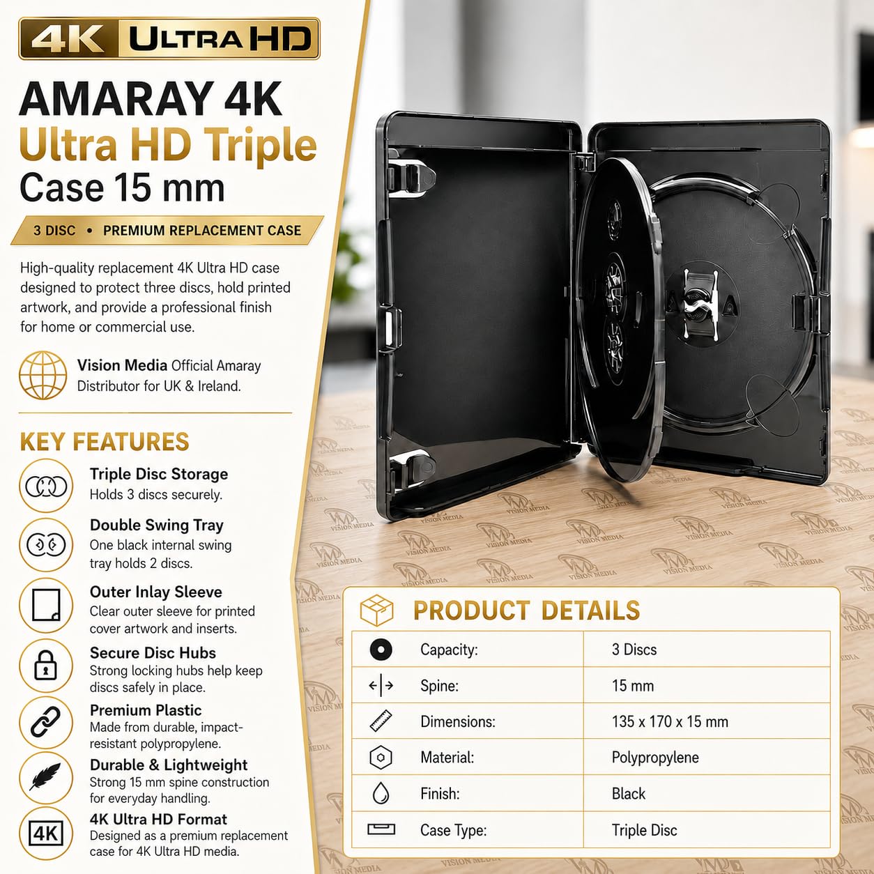 5 x 4K Ultra HD Triple Black Blu Ray Case - Memorizza qualsiasi disco Blu-Ray/DVD/Giochi