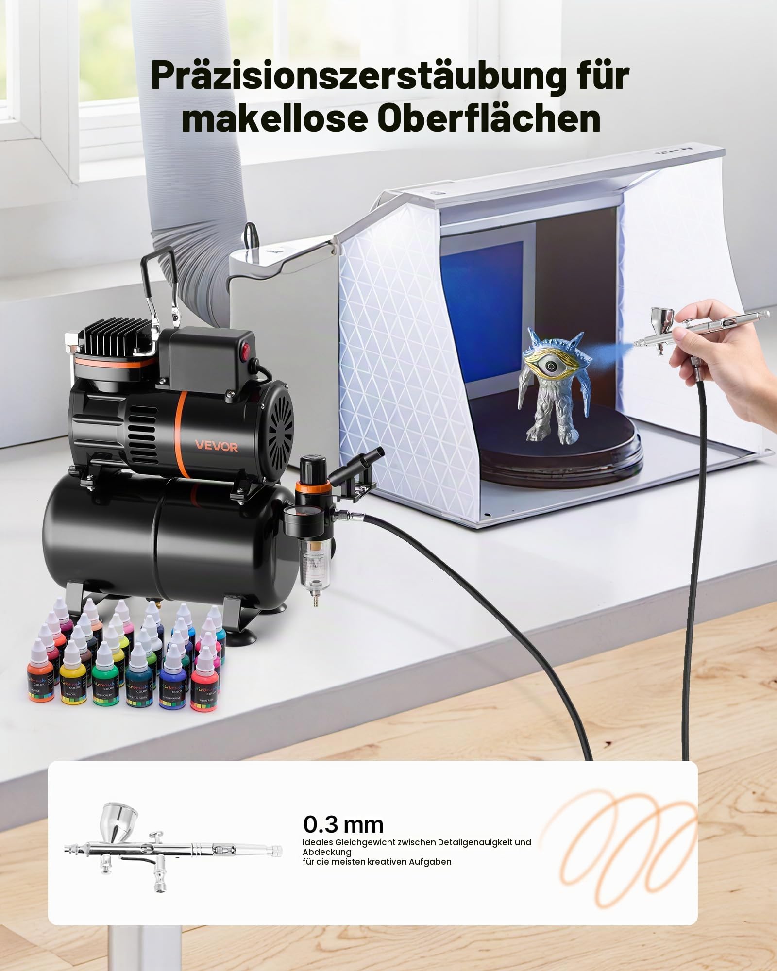 VEVOR Airbrush Set 1/6 PS mit Luftkompressor & Tank, 1 Dual Action Airbrush mit 1 Düse (0,3 mm) & Schlauch & Acrylfarbe)(24) & 2 Ventilatoren, für Kuchendekoration Modellmalerei Nagelkunst