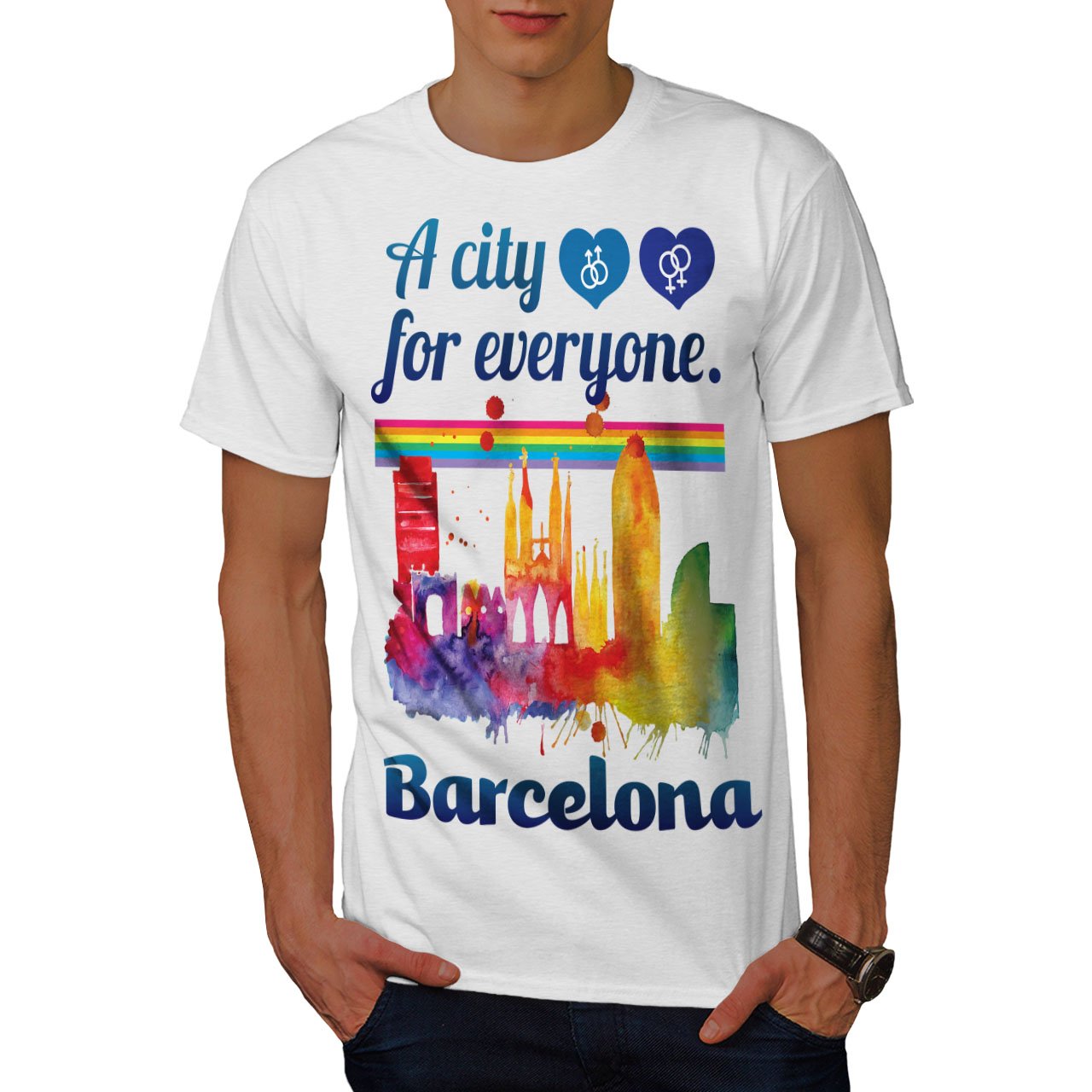 APSRA RETAIL Gay Pride Barcelona Mens T-Shirt, Spain Graphic Printed Tee 7023 White