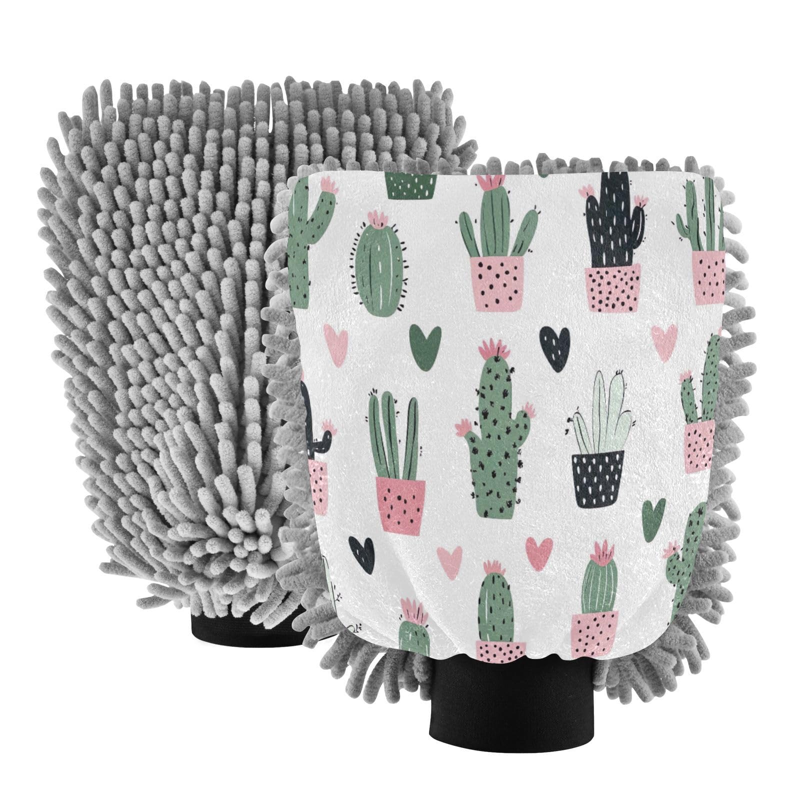 STAYTOP Cute Cartoon Cactus Car Wash Mitt Microfiber, 2Pcs Scratch Free Lint-Free, Premium Chenille Microfiber Mitt Car Wash Brush-M
