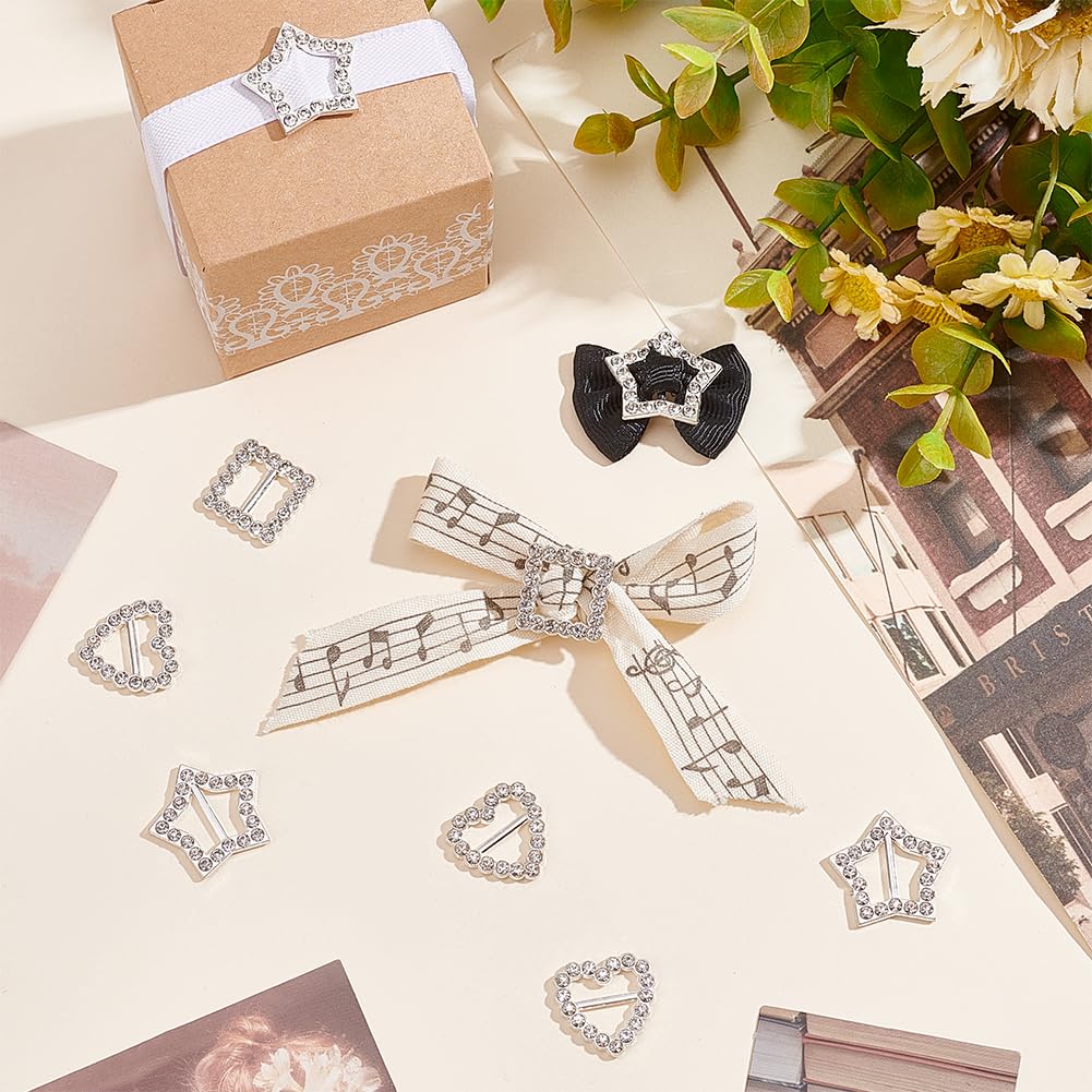 AHANDMAKER 60 fibbie per nastro con strass, 3 mini fibbie di cristallo, per fai da te, quadrate, a forma di cuore, stella, fibbia per cintura, cursori per abbigliamento, scarpe, inviti di nozze e
