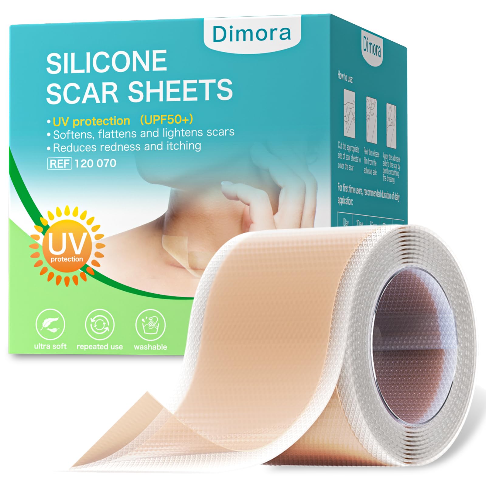 Dimora Fogli di cicatrici in silicone UPF50+ con protezione UV 1.6 "x78" rotolo | Protezione UV, riutilizzabile, ammorbidisce, appiattisce le cicatrici, riduce il rossore