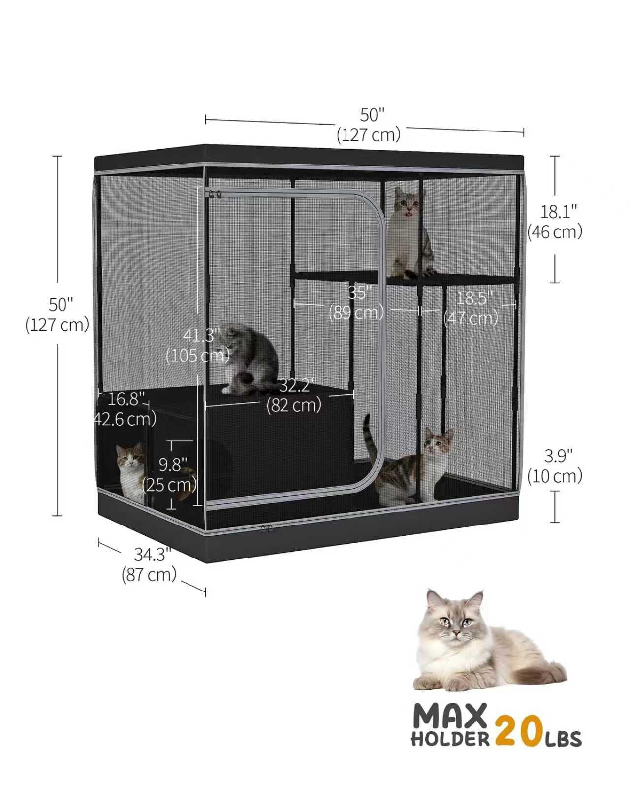 DINMO Jaula Grande para Gatos con Área para Arenero, Corralito de Interior para Gatos Adultos, Gatitos y Animales Pequeños, Caseta Multinivel con Suelo Impermeable, Negro