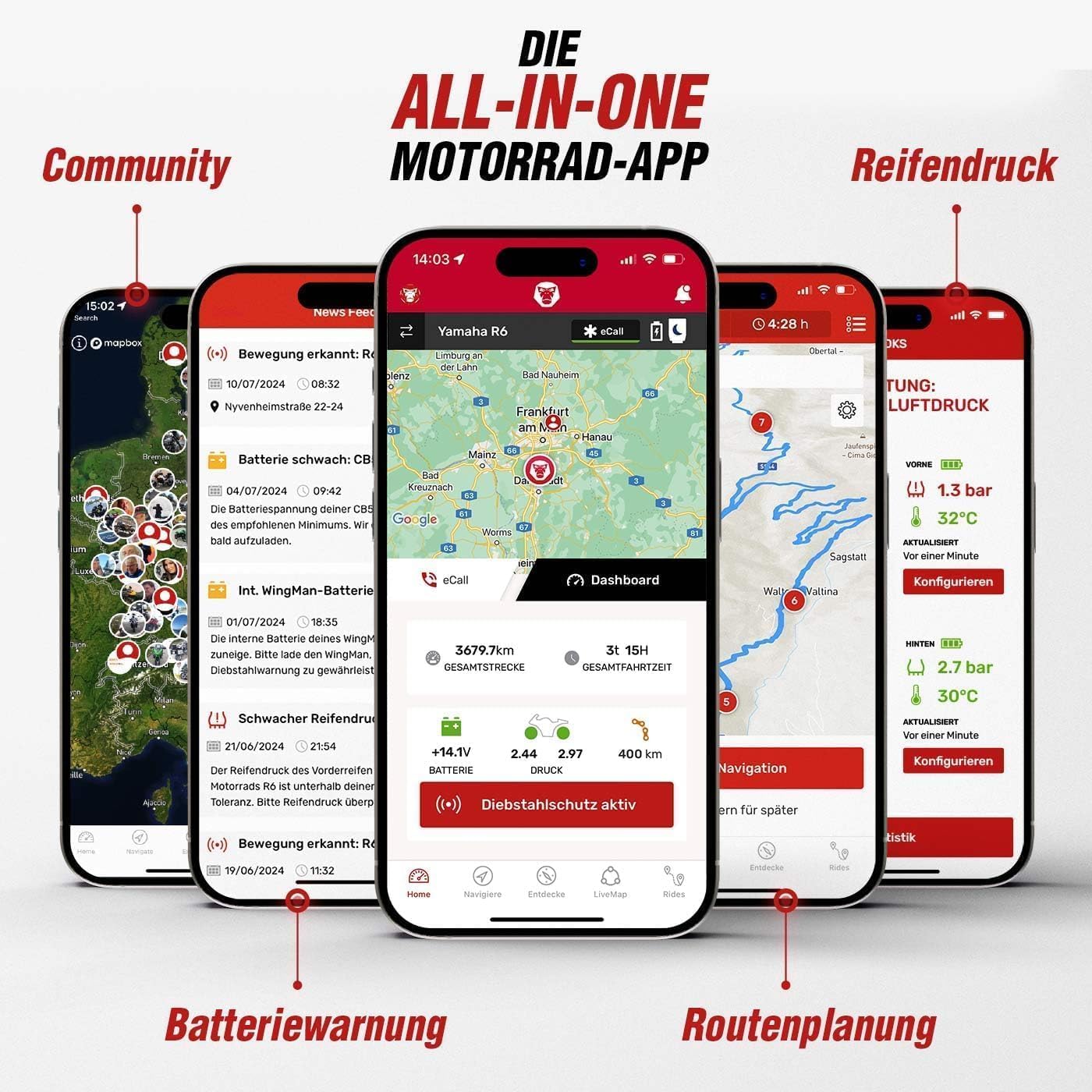 GPS Tracker Motorrad RideLink Wingman Pro Evo | 1 Hz Live Tracking, Diebstahlmelder & eCall | Motorrad Navigation, Routenplaner, Community | OBD2 Daten, Schräglage, Fahranalyse | IP67 | Made in Japan