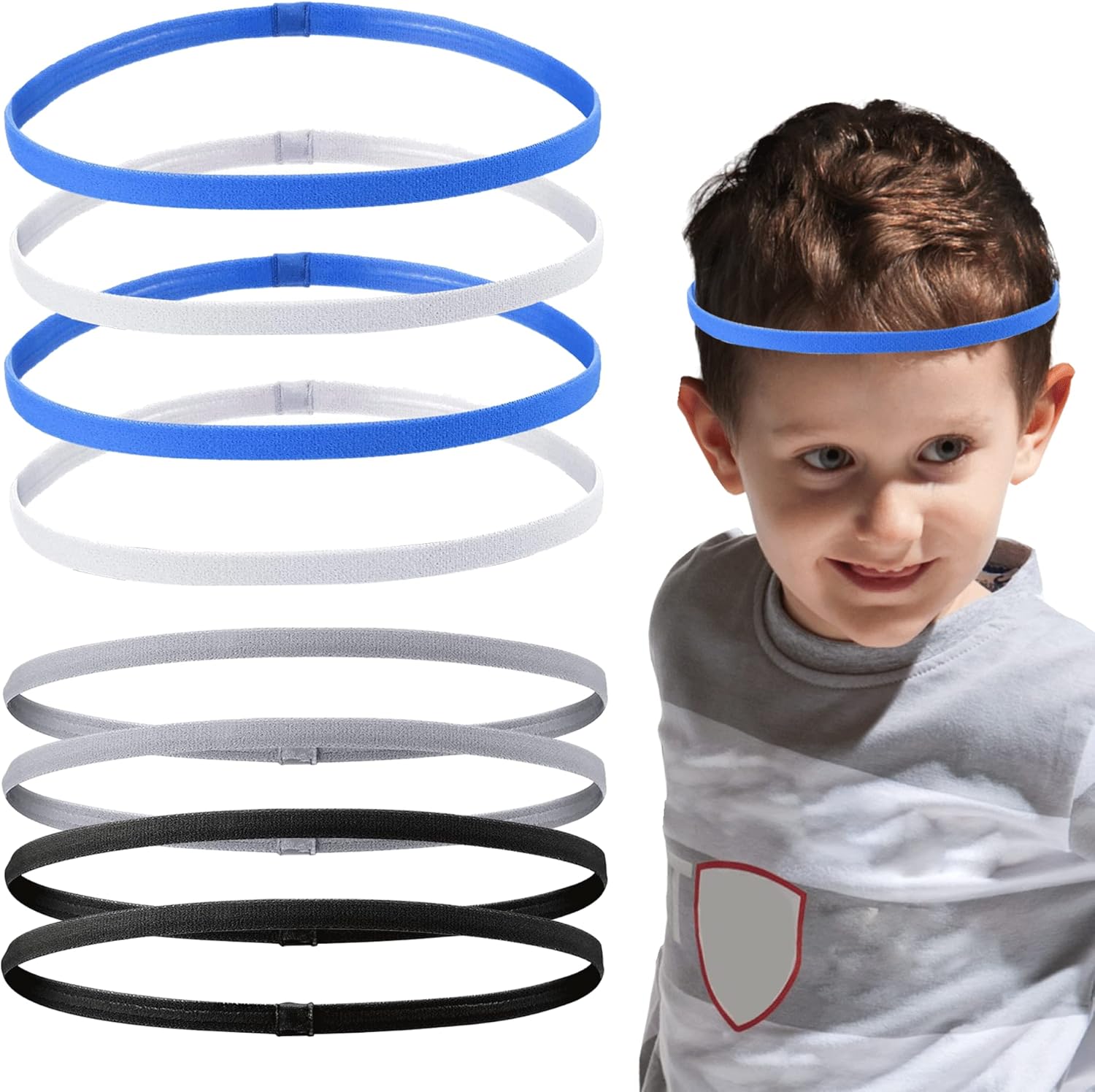 Boys Headband For Kids With NonSlip Inner Silicone Ring, 8 PCS Nylon