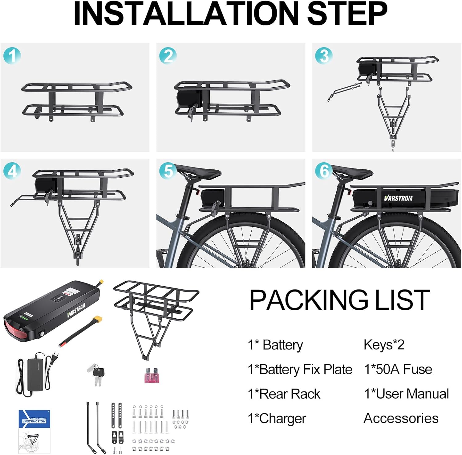 Six-step visual guide for installing the Varstrom Ebike Battery and rear rack