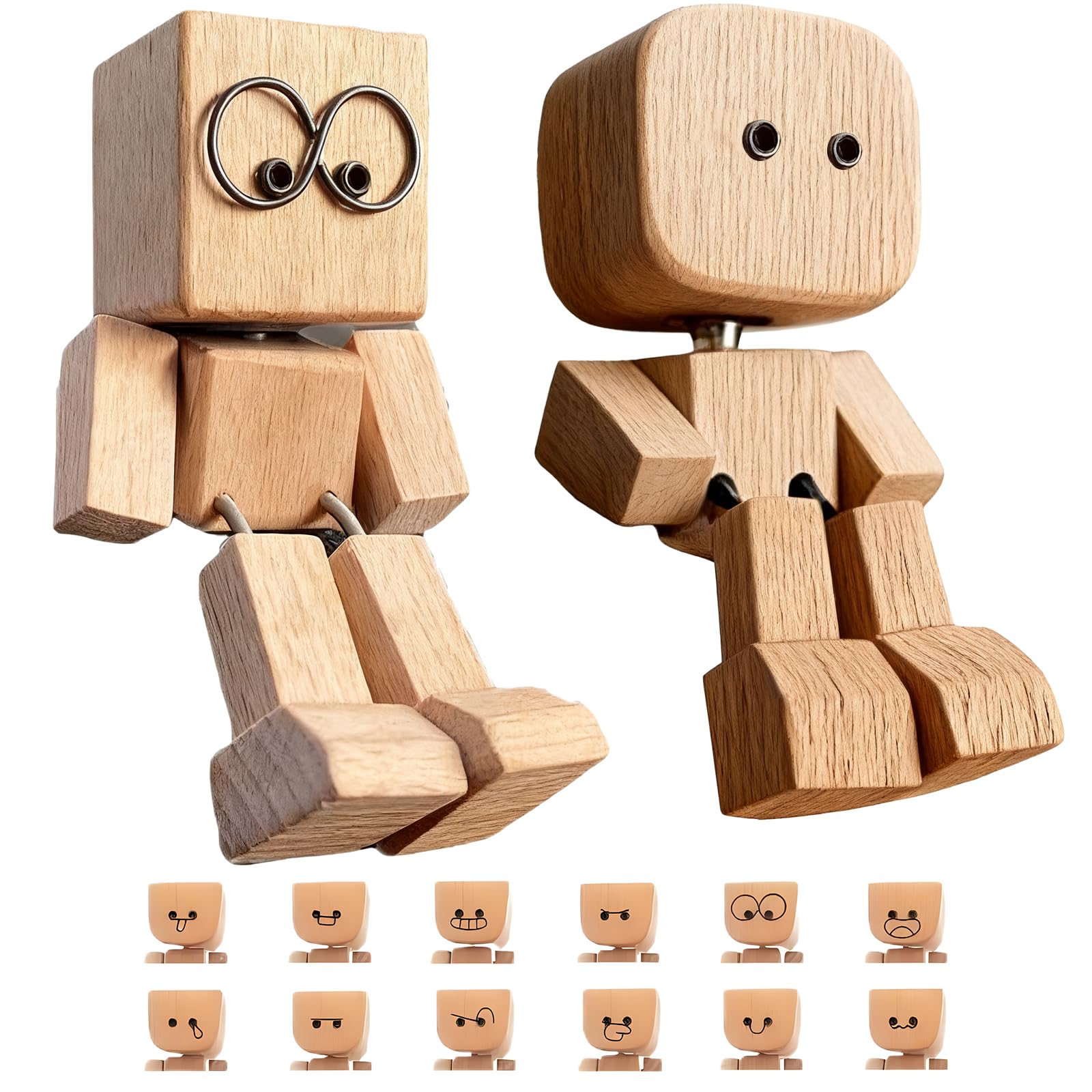 Heuiop Brown 2 Pcs Shaking Wooden Man Figurine With 12 Pcs Expressions Handmade Wooden Man With Wobbly Legs, Wood Figure With Shaky Legs For Car Dashboard Accessories & Desk Decor, Creative Gift For Drivers