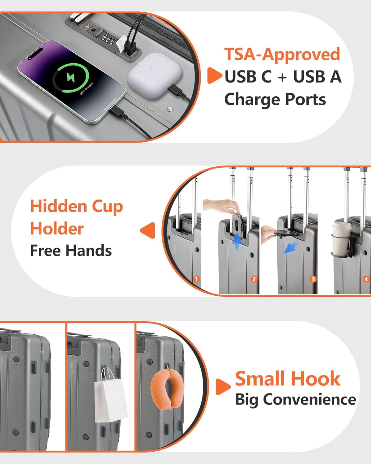 20IN Carry On Luggage Airline Approved - Top Opening Aluminum Frame Hardside Travel Suitcase Unbreakable -with Cup Holder,USB Charge,Side Pothook, 360°Spinner Wheels, TSA Lock-Grey - Image 5