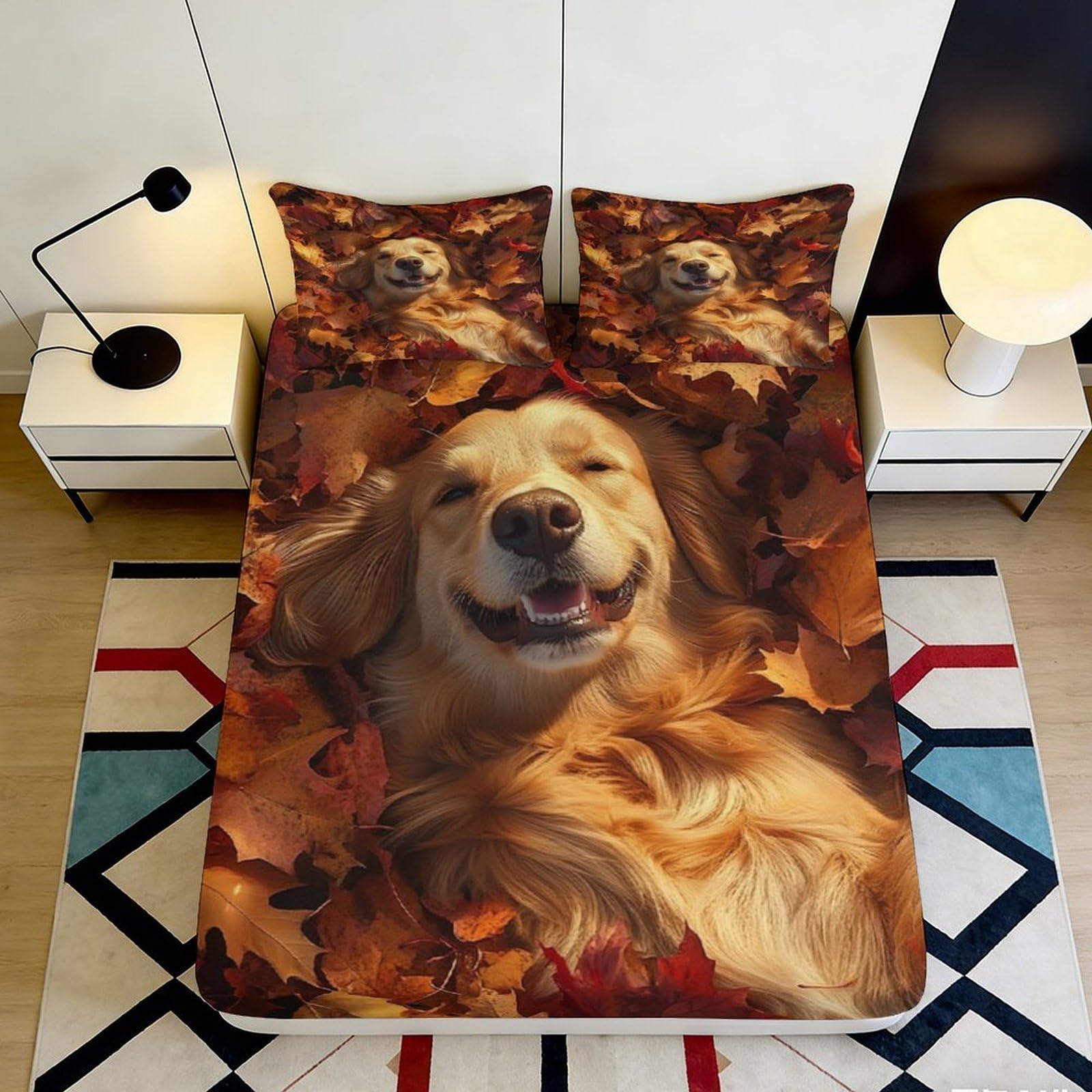 3D Printed Golden Retriever Autumn Leaves Fitted Sheet Microfiber Soft Bed Cover for Bedroom Guest Room Decor 90x200x25cm