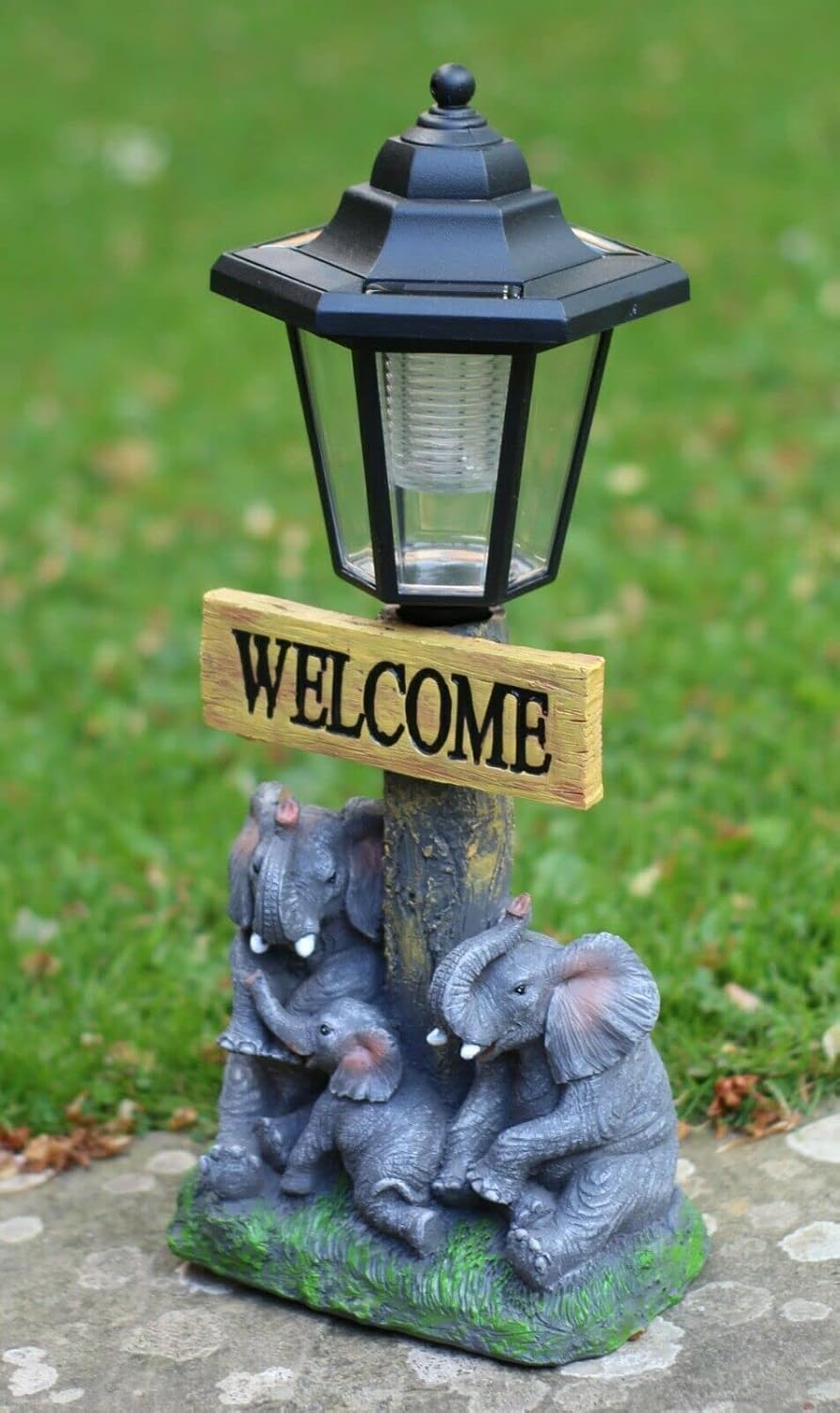 Garden Ornament Solar Powered Lamp Animal Elephant Post Decor