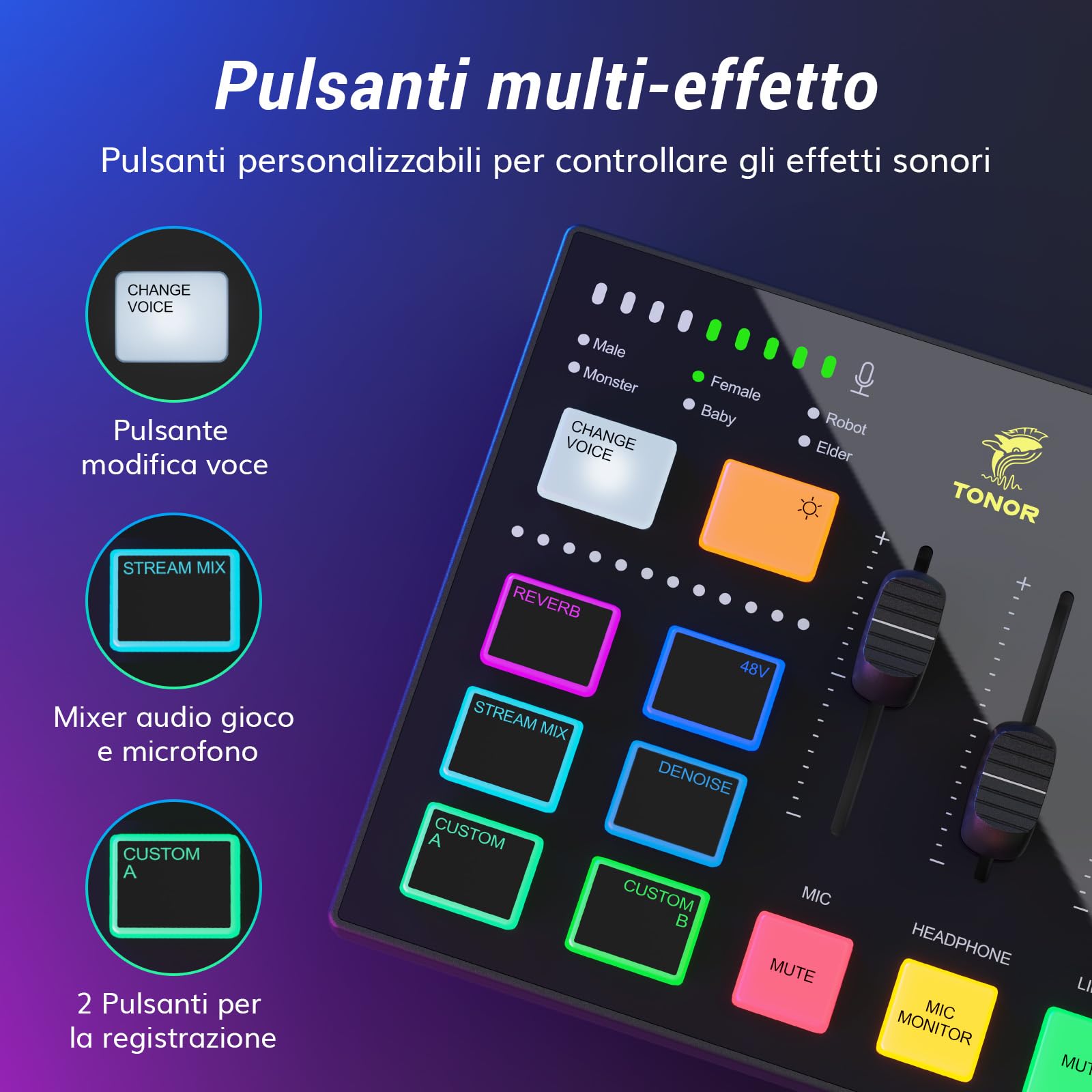TONOR Gaming Mixer Audio PC, Mixer RGB con Canale XLR e 6,35 mm per Streaming, Podcast, Registrazione, Interfaccia Audio per TikTok, Youtube, Twitch, Controllo del Volume Individuale, Pulsante Mute