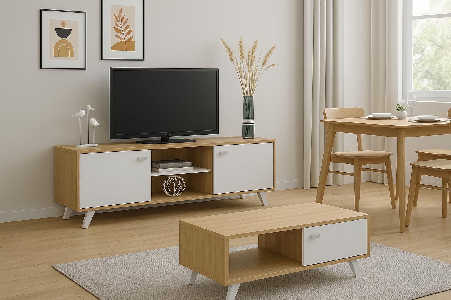 MOMMA HOME Lot de 2 meubles de salon : meuble TV et table basse finition chêne et blanc MDF, ensemble salle à manger