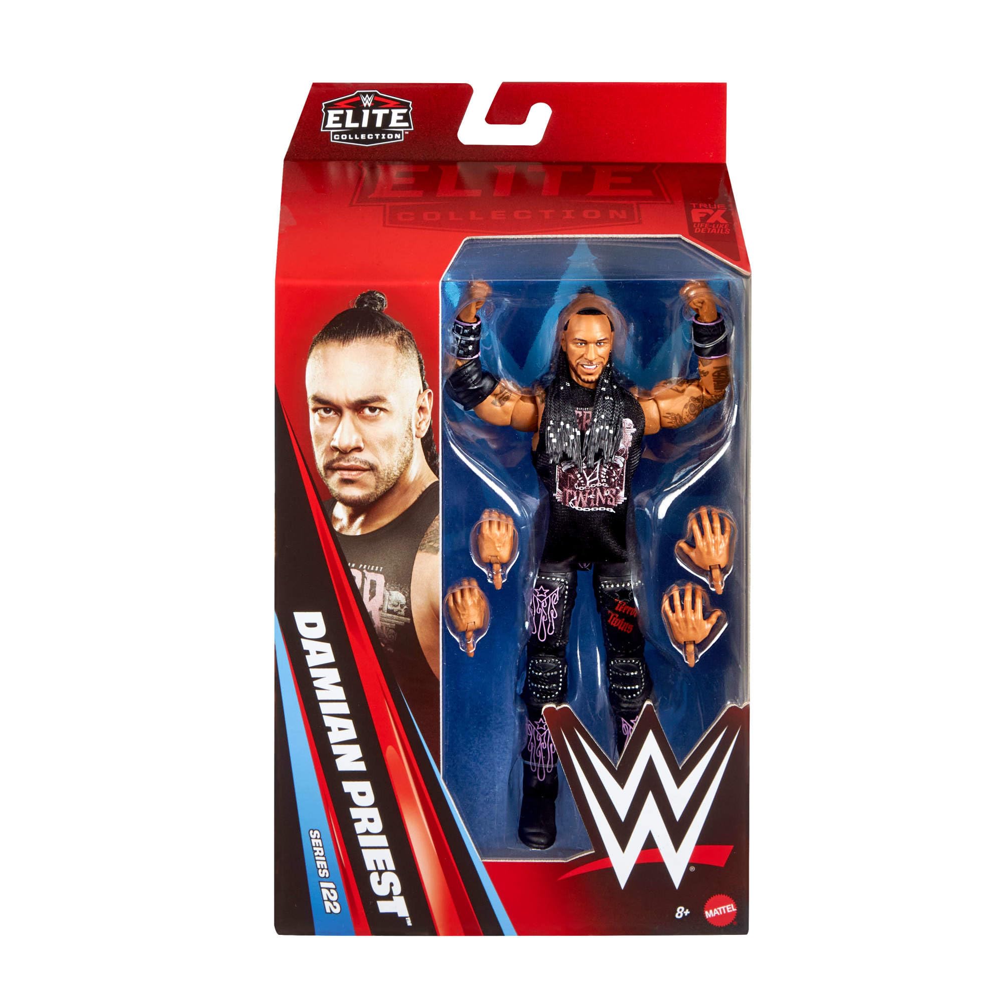 Mattel WWE Elite Collection Damian Priest Figurka i akcesoria Zestaw, Seria #122, figurka (ok. 15 cm w skali) do kolekcjonowania, 25 punktów ruchu i wymienne dłonie, zabawka dla dzieci 8+, JHT53
