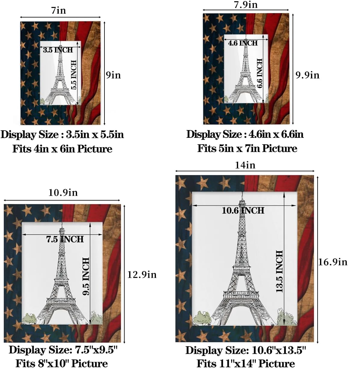 American Flag Picture Frame 8x10, Art Vintage American Flag 8x10 Photo Frames with Stand Display Pictures for Wall and Tabletop Frames Collage for Home Gallery Office Decor