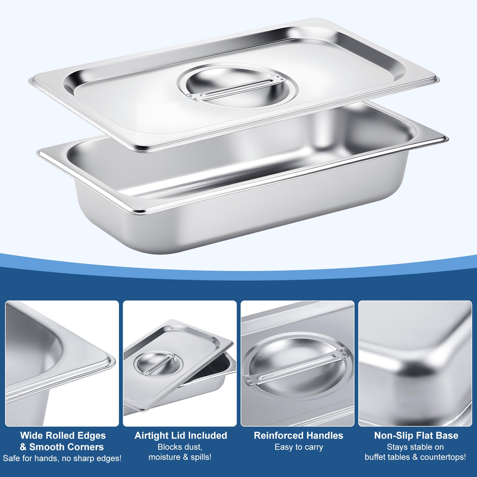 GN Lot de 3 bols empilables avec couvercle 1/3 - 32,5 x 17,5 x 6,5 cm En acier inoxydable durable Épaisseur : 8 mm Résistants à la rouille Pour panures, marinades