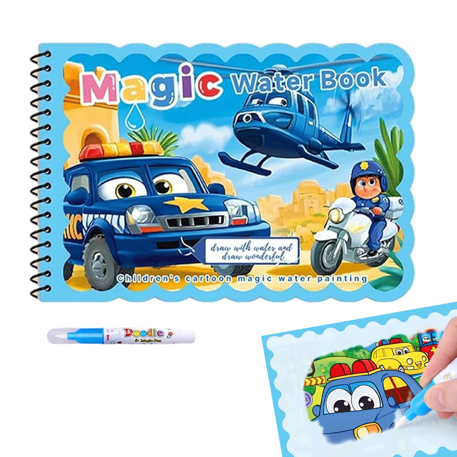 LEMONSTONE Kolorowanka wodna wielokrotnego użytku, Magic Water Colouring Book z kredką wodną, kolorowanka Water Wow, kreatywna kolorowanka wodna, dla dzieci, prezent (środek transportu)
