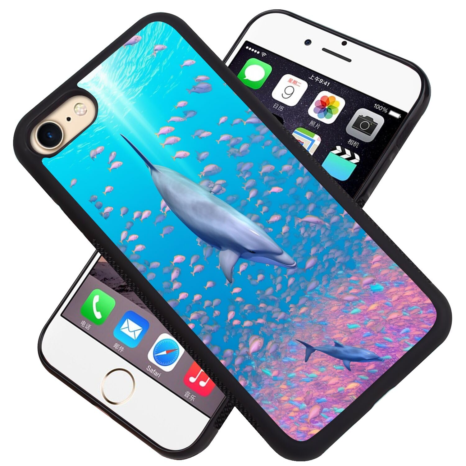 Phone Case for iPhone 7/8/SE with Dolphin-aa382 Black Slim Rubber Frame Full Body Protection Cover Case for iPhone 7/8/SE Drop Protection