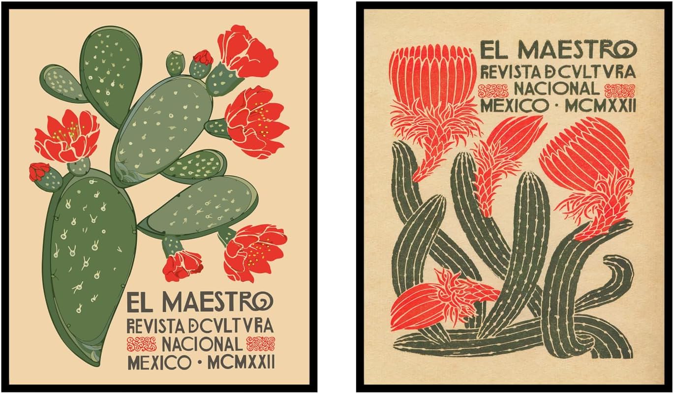 Poster Master 2-Piece El Maestro Poster - Cactus Print - Mexico Art - Flower Art - Botanical Art - Chic Gift for Him, Her - Floral Wall Decor for Living Room, Bedroom, Office - 8x10 UNFRAMED Wall Art