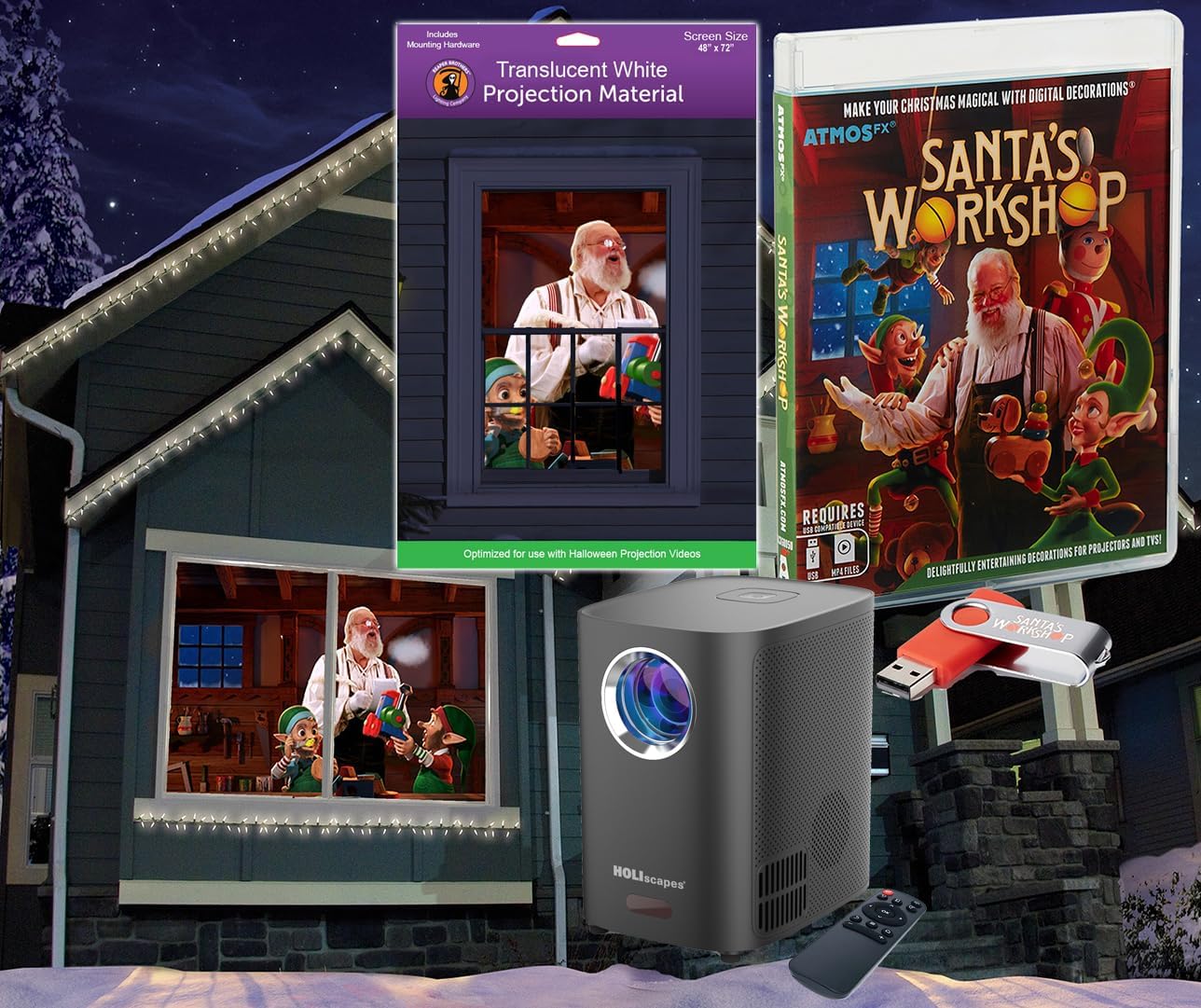 Christmas Digital Decoration Kit Includes AtmosFX Santa's Workshop with 5 Video Effects for Christmas Plus HD Super Bright Projector and 48” x 72” Holographic Projection Screen