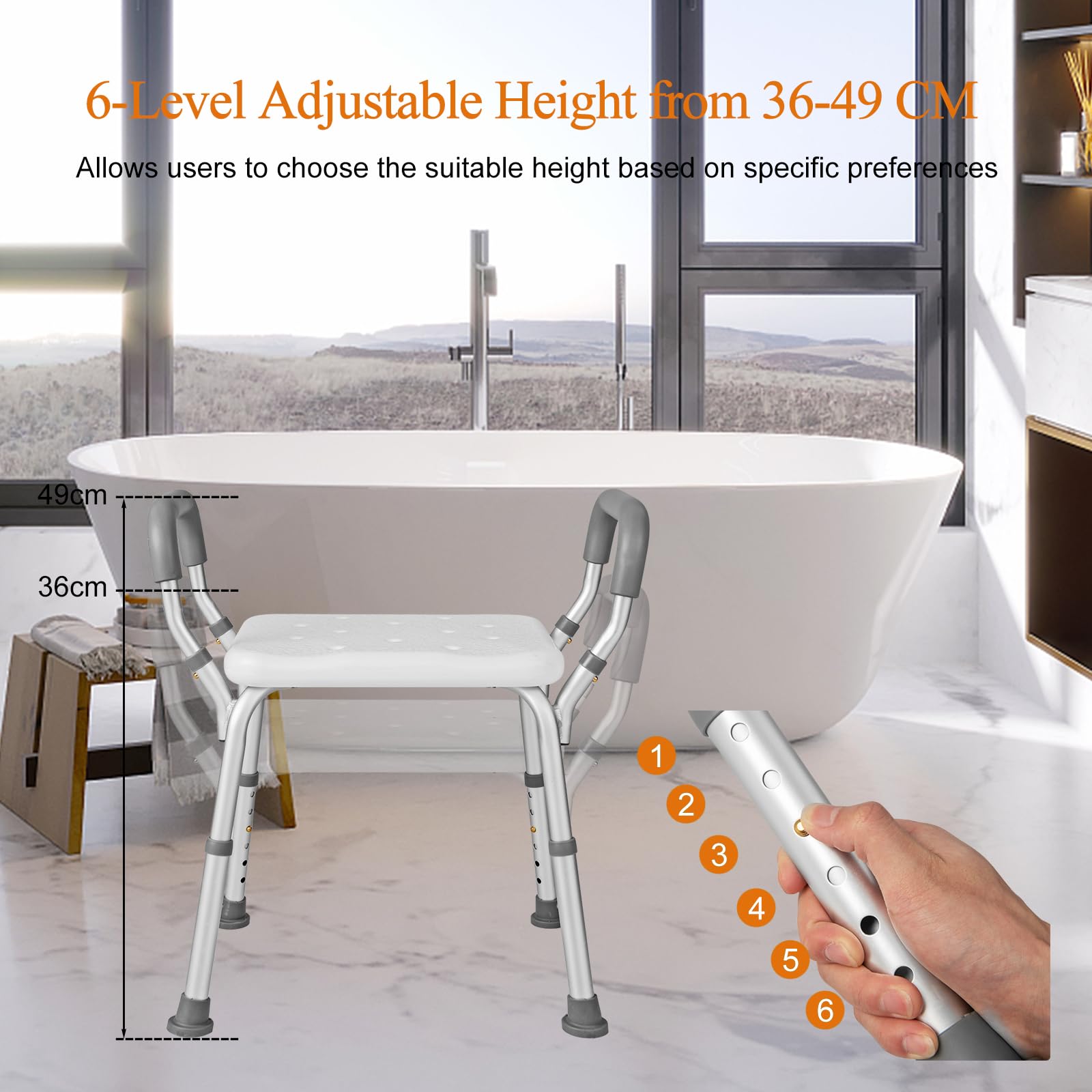 HOMASIS Taburete de Ducha Regulable en Altura en 6 nilveles, Banco de Ducha de Aluminio con Brazos Acolchados Desmontables y pies de Goma Antideslizantes, para Personas Mayores, 59x34x54-67cm, Blanco