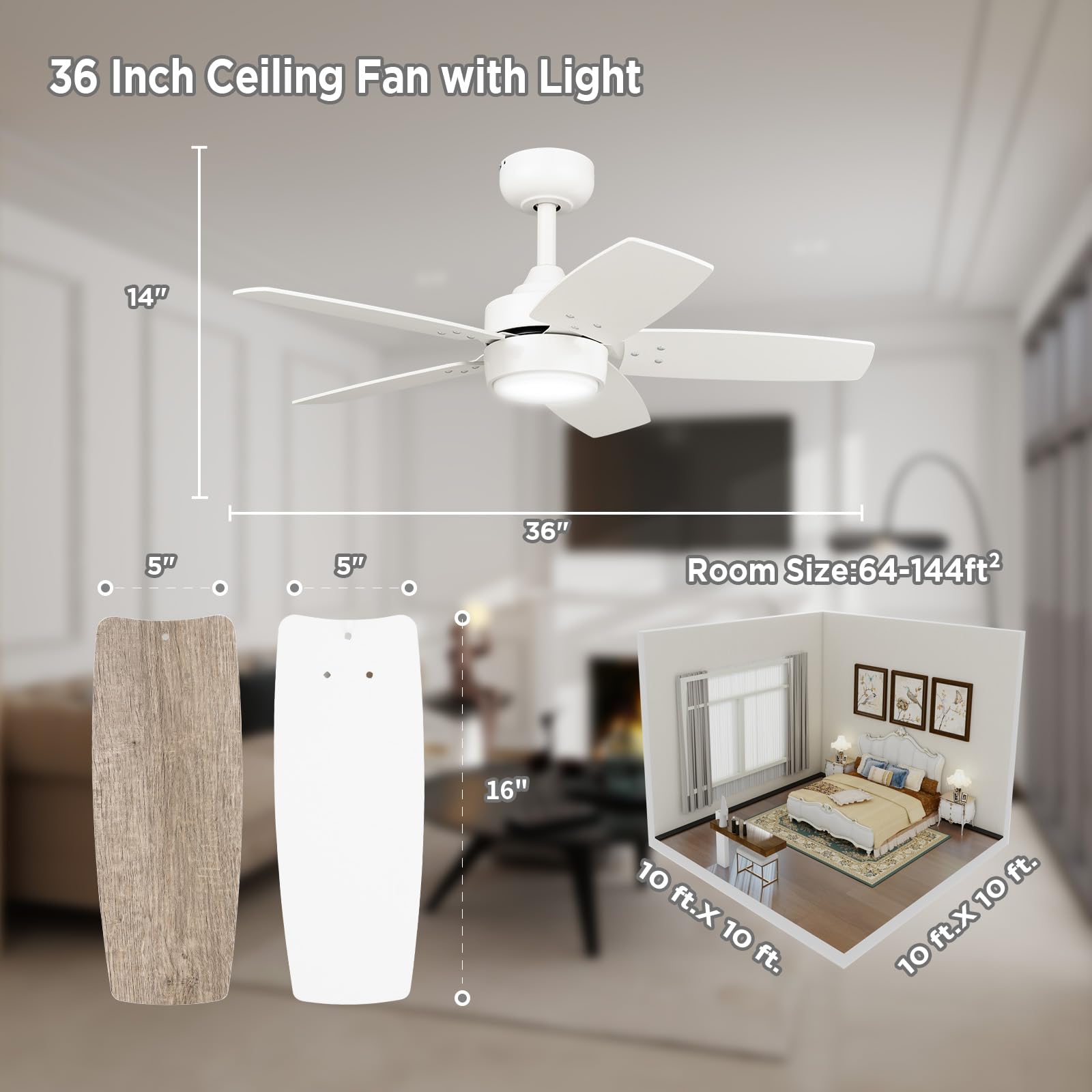 Ventilatore da Soffitto 91 CM Per Stanze Piccole: Moderno Bianco Opaco Con Telecomando Dimmerabile - Reversibile E Silenzioso con 6 Velocità Per Camere Da Letto Piccole - 230 V