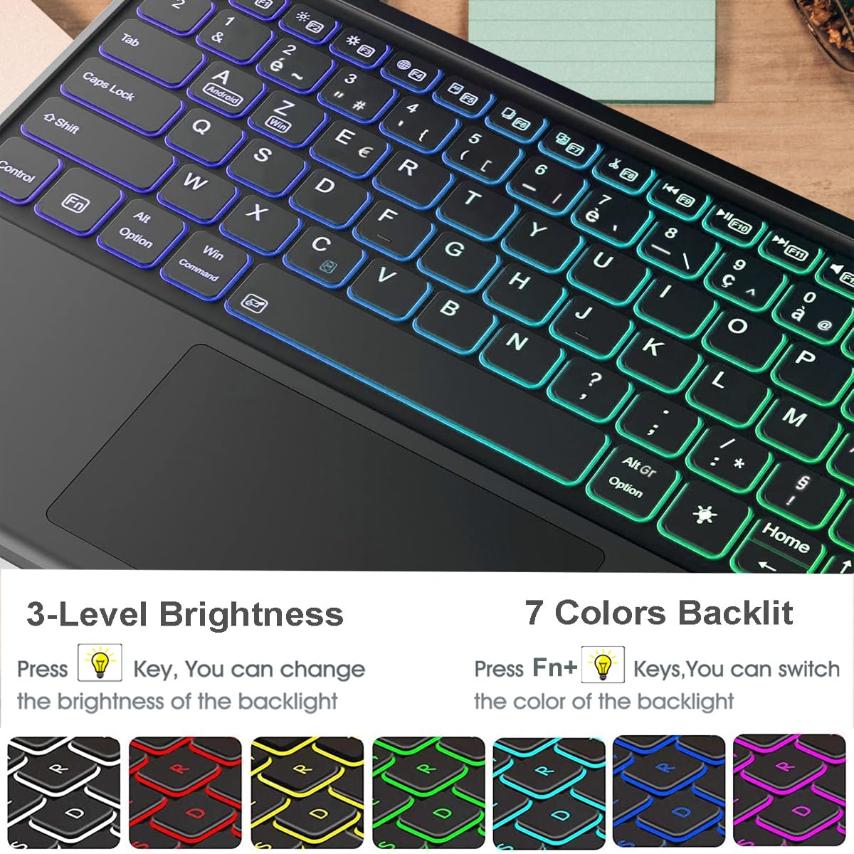 Rétroéclairé Clavier Coque pour Microsoft Surface Pro 7/7+/6/5/4 12.3 Pouces, Smart Touchpad, AZERTY Français Amovible Bluetooth sans Fil Clavier avec Housse Étui Cuir PU