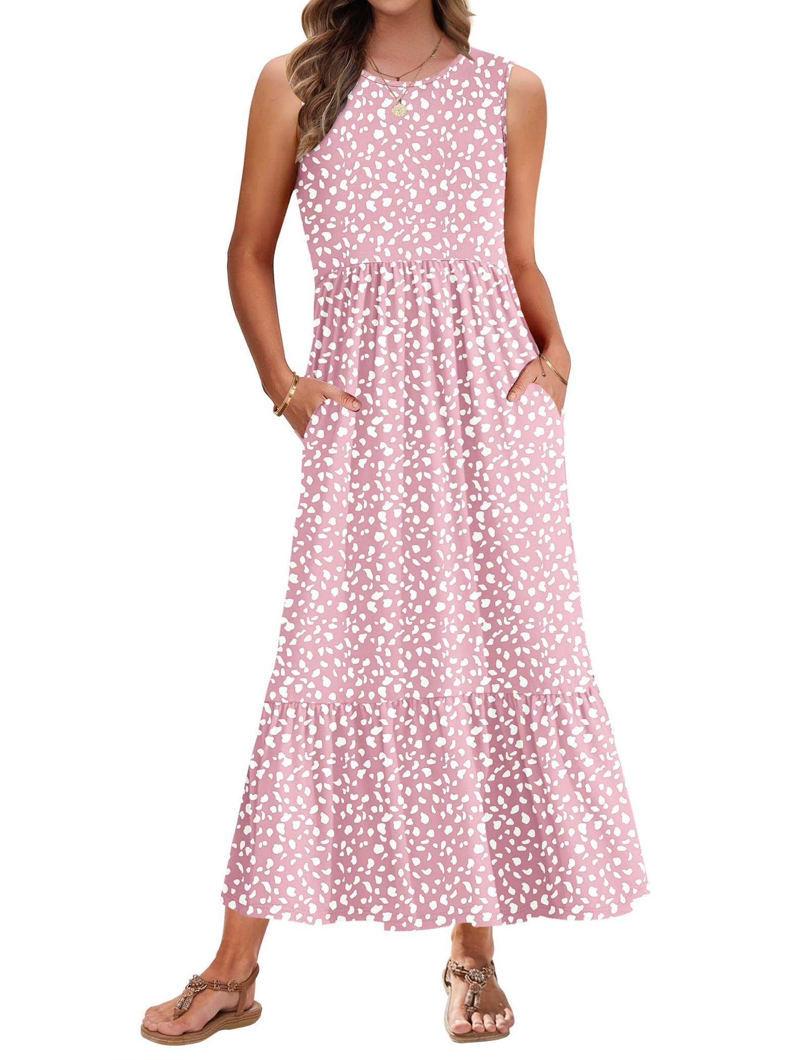 AUSELILY Summer Dresses for Women UK Sleeveless Maxi Dresses Ladies Beach Coverups Sun Dresses Tiered Long Dress with Pockets Pink Horseshoe XXL