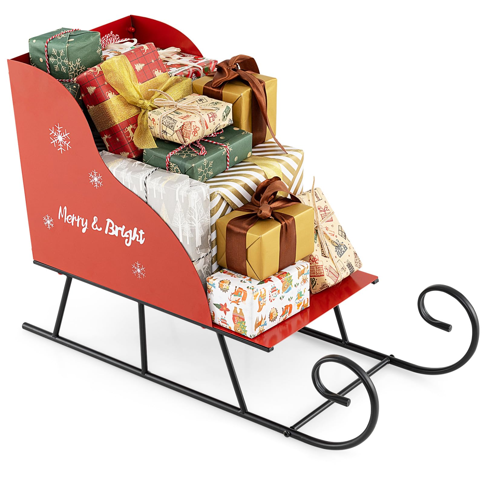 COSTWAY Red Christmas Santa Sleigh, Metal Xmas Decoration with 1/2-Tier Storage Shelf, Christmas Sleigh Ornament for Home Office (Red, 73.5 x 31 x 50.5cm, 1)
