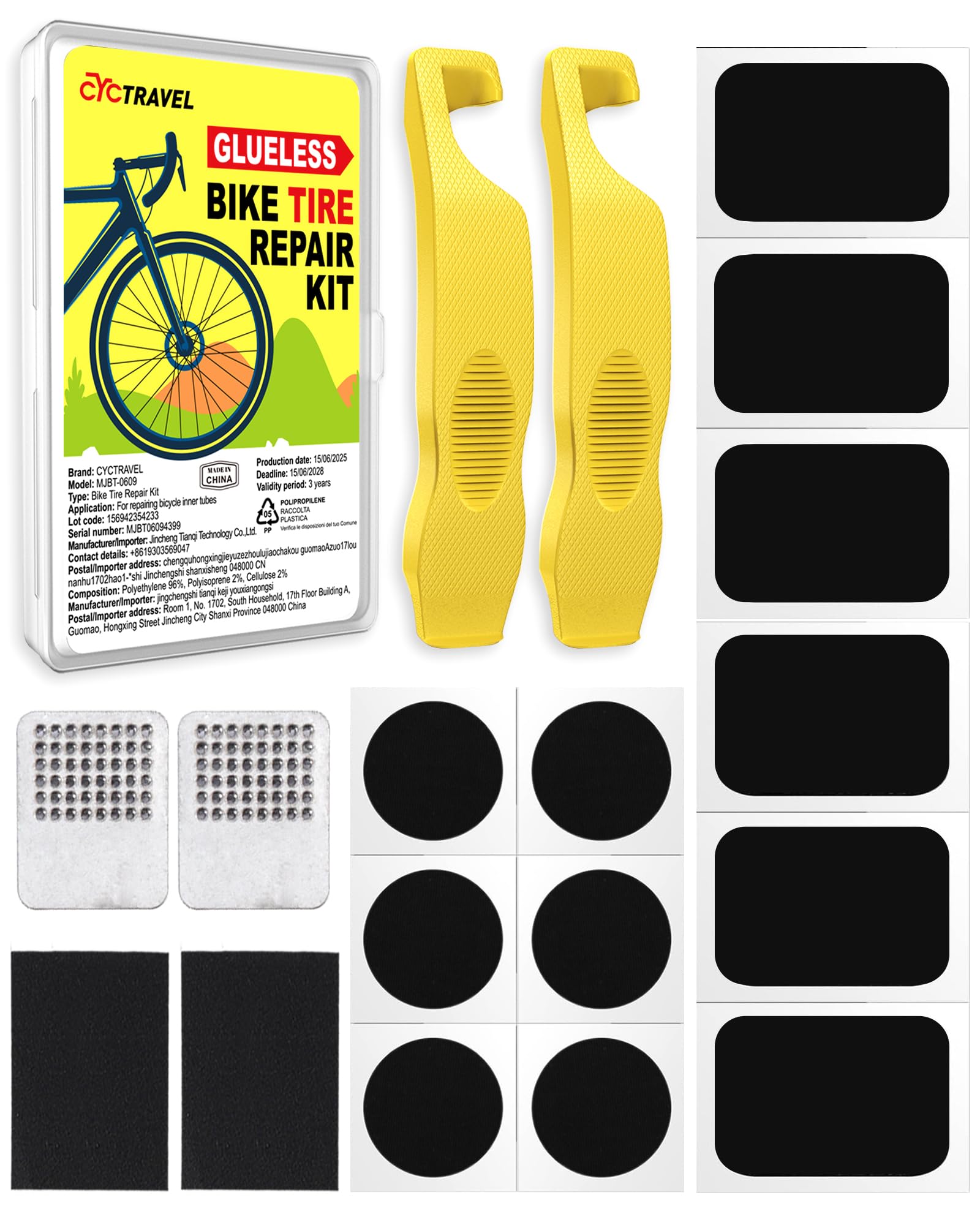cyctravel Puncture Repair Kit Bike Tyre, Bike Puncture Repair Kit Contains 12 Pieces of Glueless Puncture Repair Patches, Reinforced Tire Levers and Instruction Manual, Suitable for Mountain Bikes