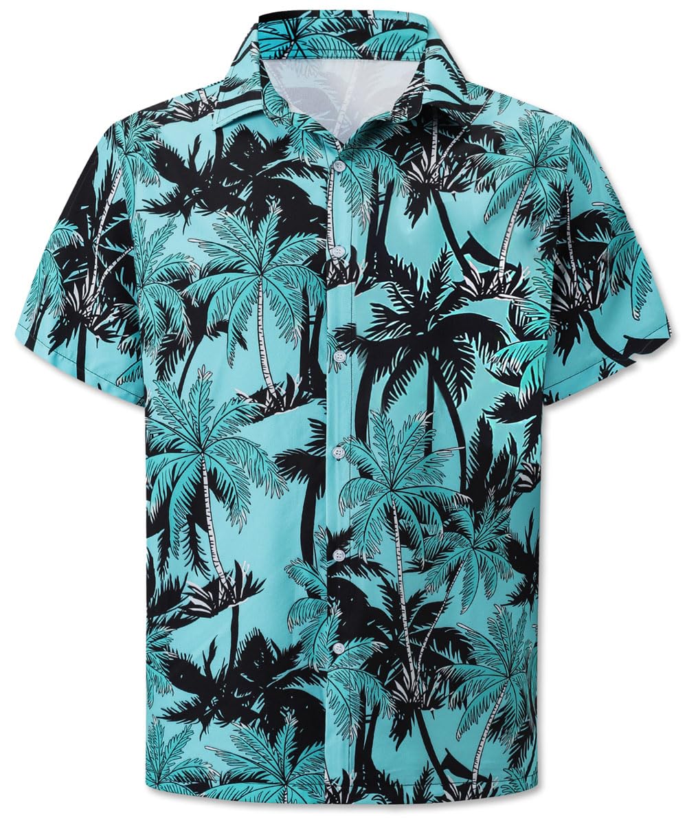 Cromoncent Camicia hawaiana da uomo e ragazzo a maniche corte con colletto cubano tropicale per vacanze estive da spiaggia, Cocco Turchese, 4XL