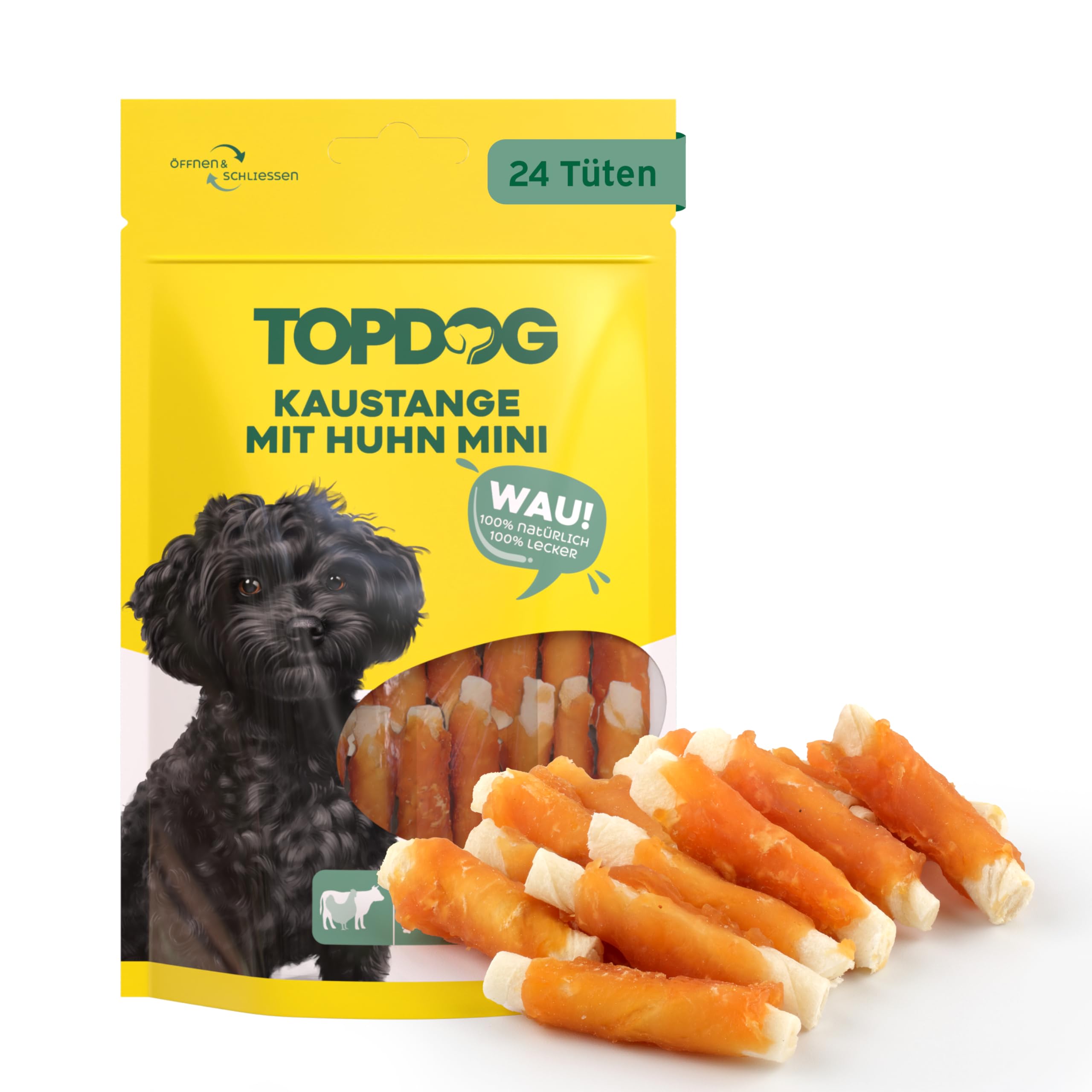 Topdog Kaustangen Hund klein im Hähnchenfiletmantel 24 x 70g - Mini Hunde Kaustangen mit Huhn - 100% natürlich - Für große und kleine Hunde - Idealer Hundesnack mit Geschmack und Pflege