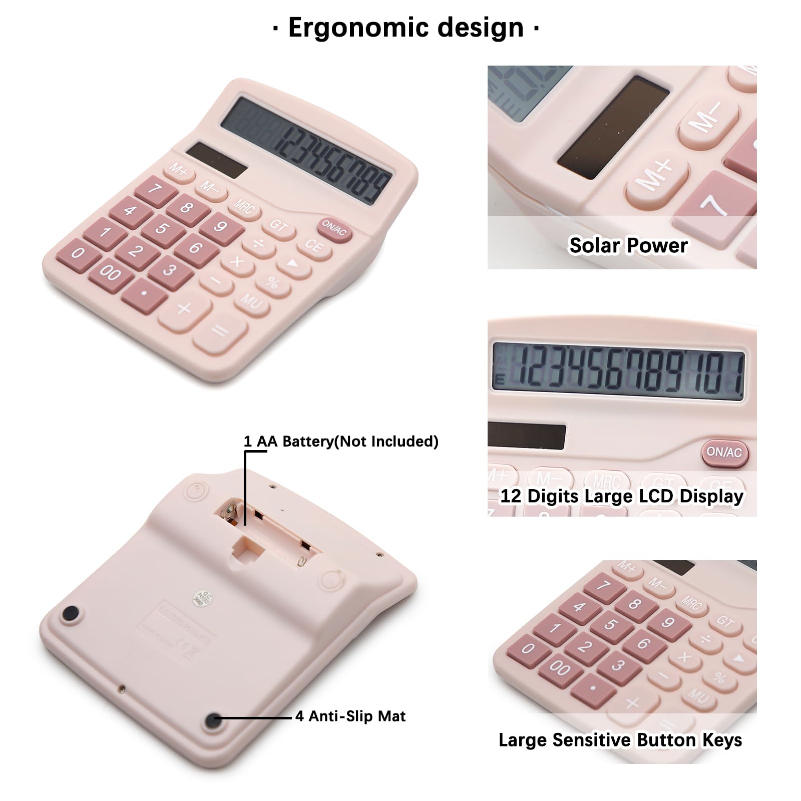 OFFIDIX Calculatrice de bureau à fonction standard double puissance calculatrice électronique 12 chiffres grand écran LCD (rose)