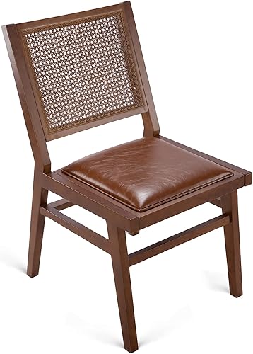 Miniatura 4 de MeetLeisure Juego de 2 sillas de madera de mediados de siglo sin brazos, sillas de madera con respaldo de ratán tejido a mano, adecuadas para sala