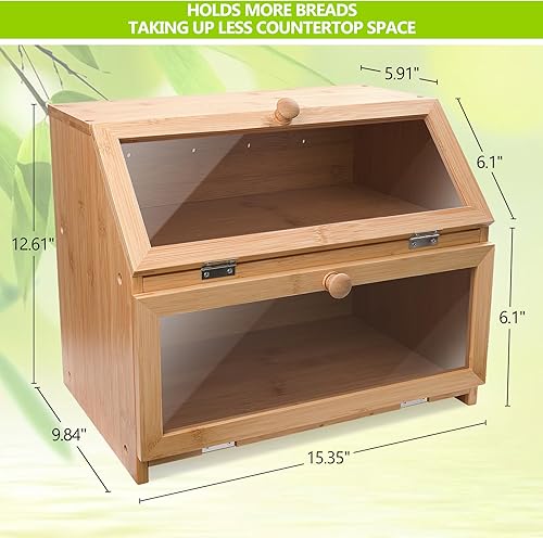 Miniatura 8 de Caja de pan de bambú para encimera de cocina, doble capa Roll-top cajas de almacenamiento de pan conservador de alimentos con estante medio ajustable