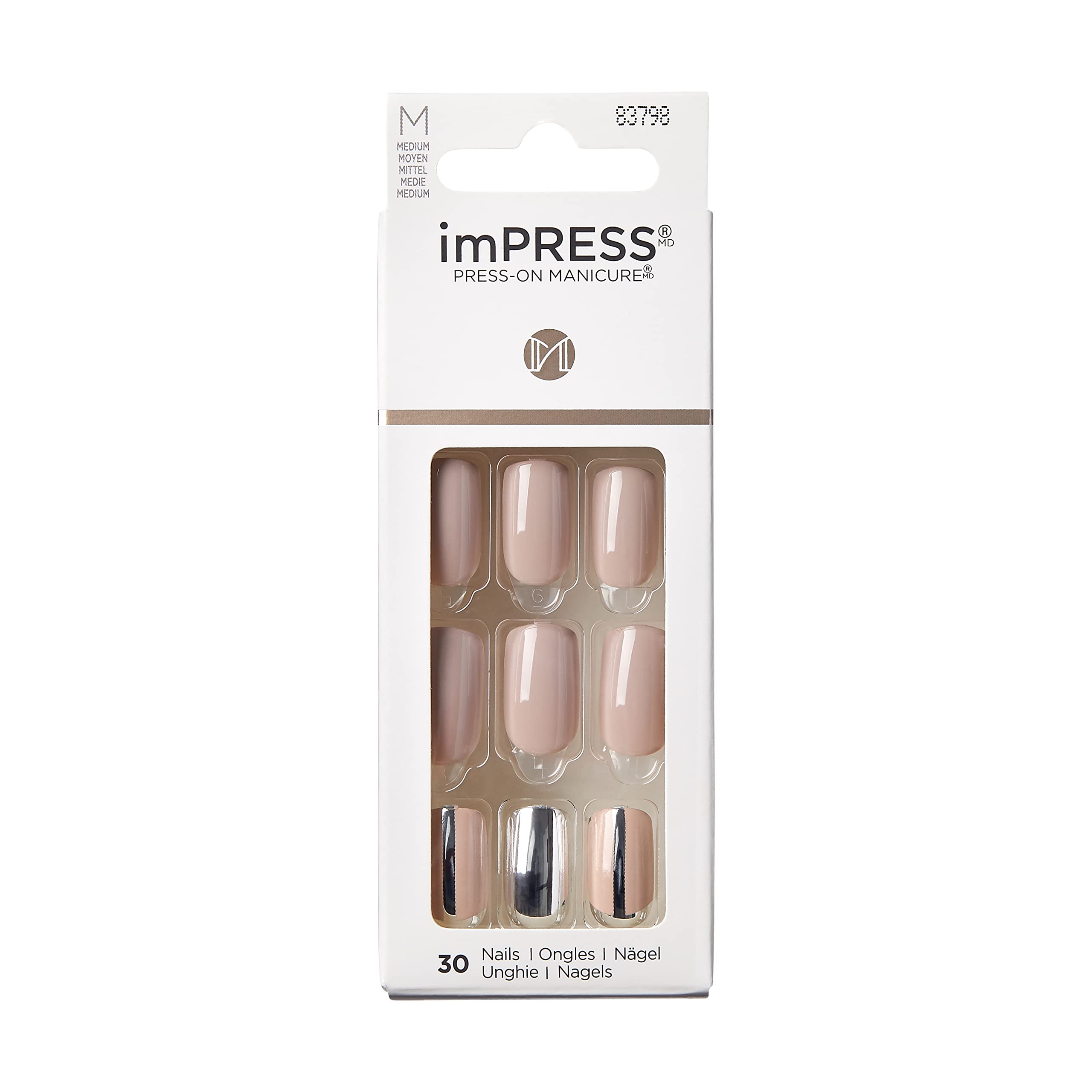 KISS imPRESS Manicure, Cloudy, sztuczne paznokcie samoprzylepne, kwadratowe, krótkie, z technologią PureFit, 30 sztucznych paznokci, mini pilnik, patyczek do skórek, instrukcja