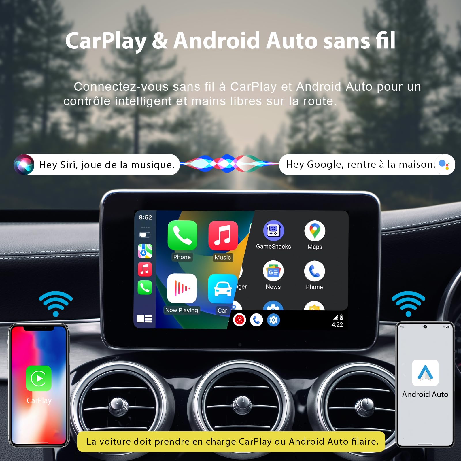 Sunweyer Adaptateur sans Fil CarPlay 2025 Android Auto Streaming Box SW12 avec Netflix, Youtube, Hulu, Installation de l'application – AI Box, Dual WiFi, HDMI, lumière d'ambiance LED (SW12 Pro)