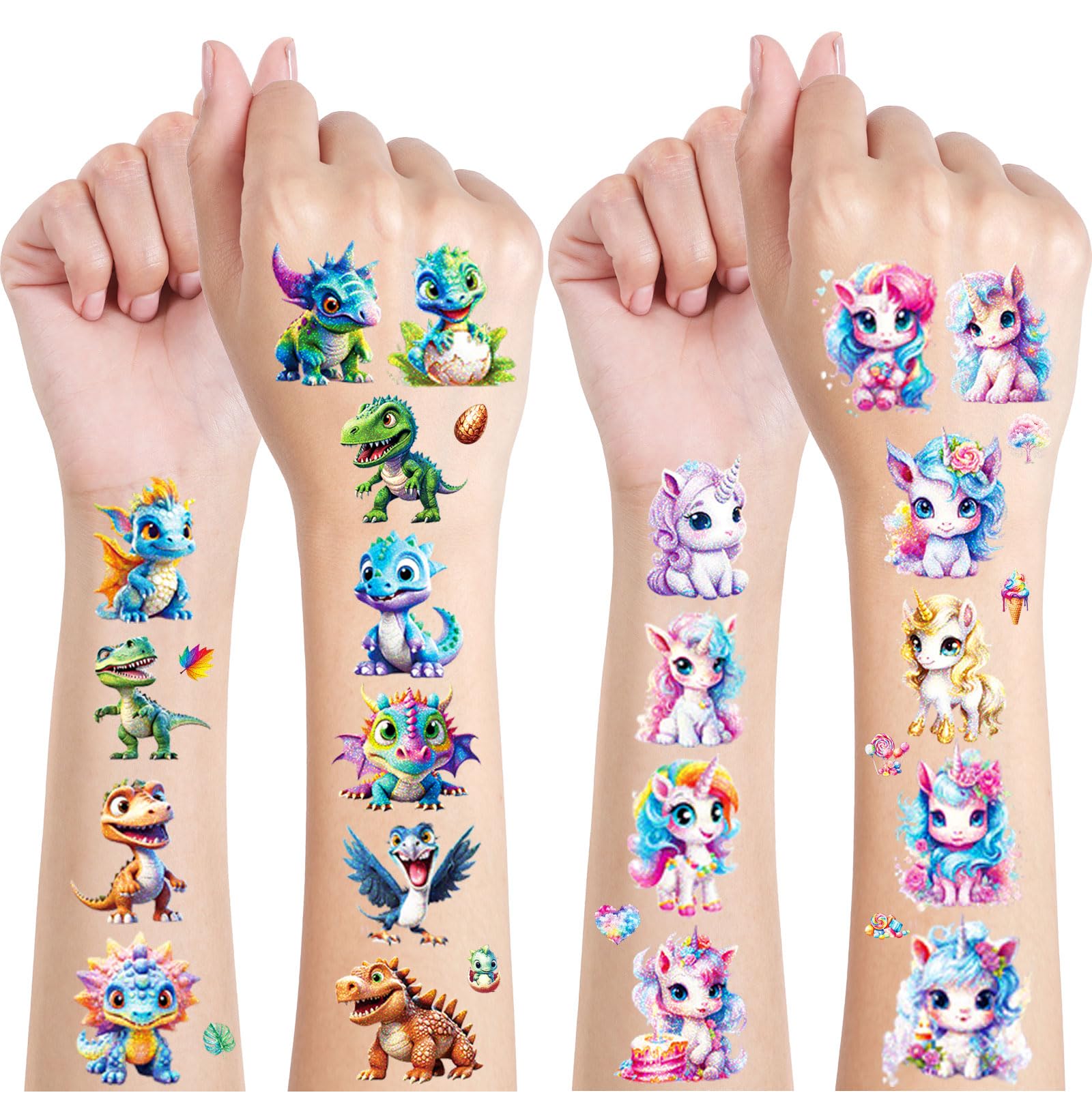 Glitzer Tattoo Set Kinder, 12 Blätter Dinosaurier & Einhorn Temporäre Glitzer Tattoos Kinder, Einhorn Tattoos Mädchen, Dino Geschenke für Jungen, Dino Deko Kindergeburtstag