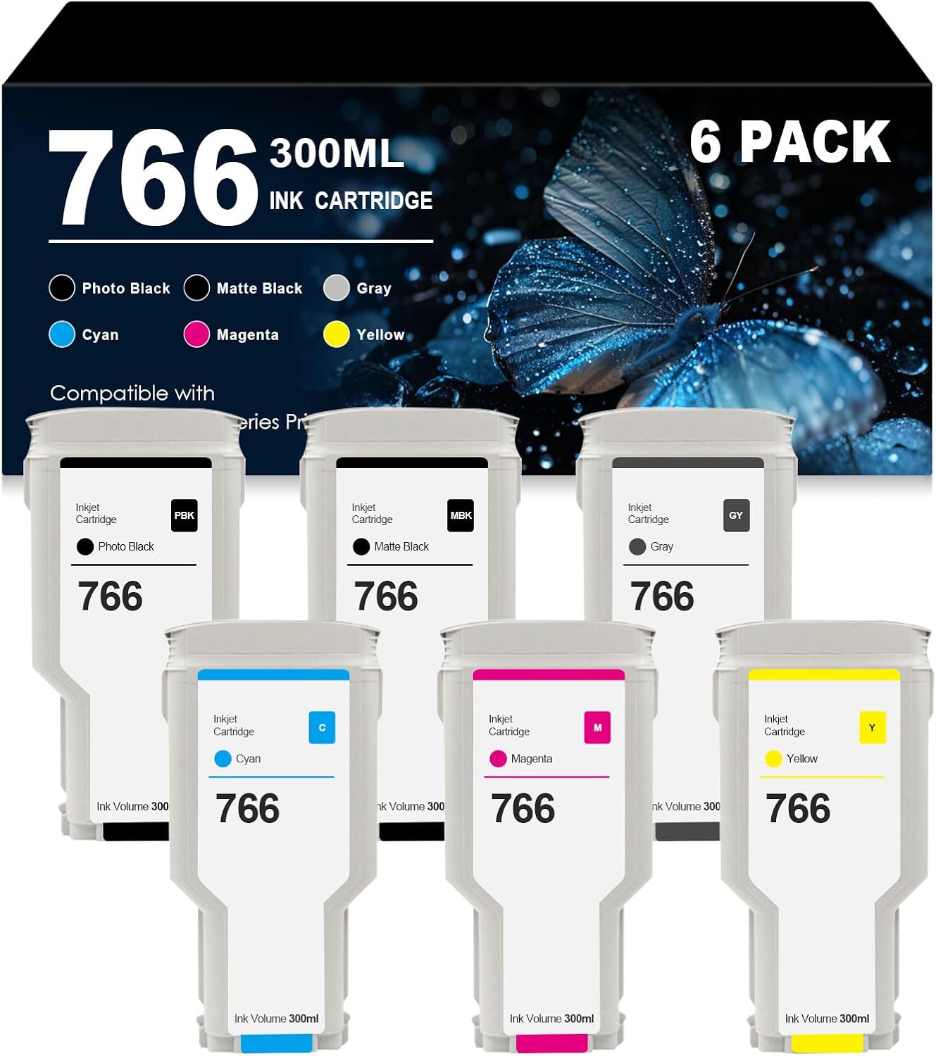 766 Ink Cartridges 6 Pack (MBK/PBK/GY/C/M/Y) 300-ml 3ED57A P2V89A P2V90A P2V91A P2V92A P2V93A P2V94A 3ED55A Ink Replacement for HP 766 Ink Cartridges for DesignJet XL3600 Series Printers
