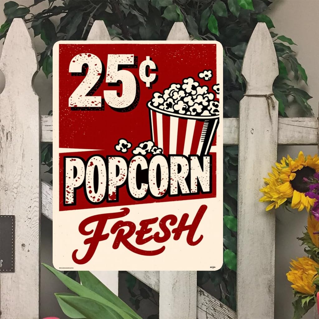 Vintage Movie Tickets Popcorn Tin Sign, 8x12 Inch Decor