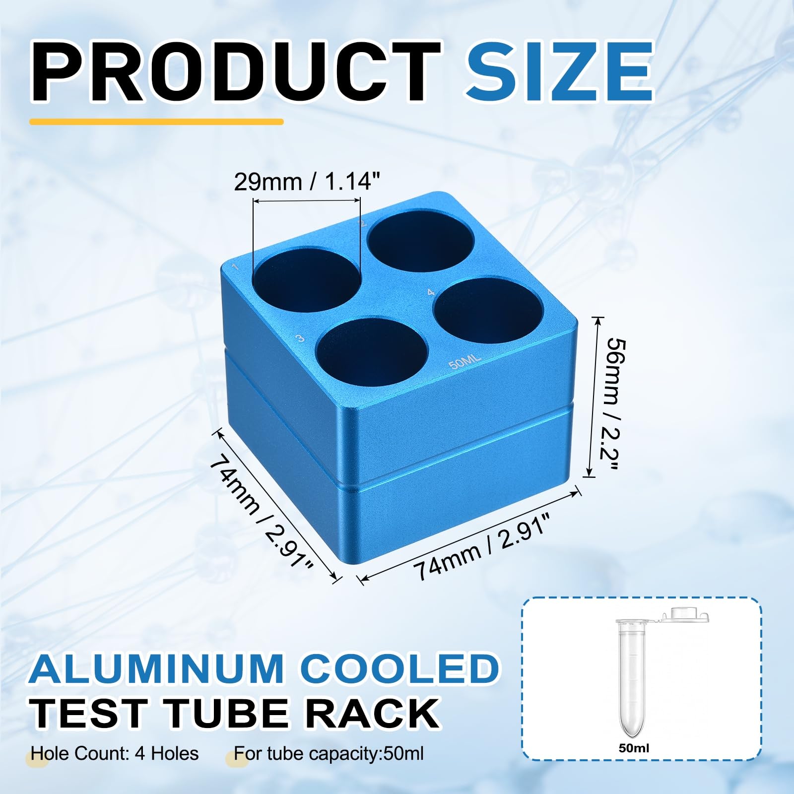 PATIKIL 4 Pozzi Porta Provette Microcentrifuga Raffreddato, Vassoio Piastra Coltura Tessutale, Blocco Raffreddamento Alluminio per Provette PCR 50ml, Attrezzatura Laboratorio, Blu Chiaro