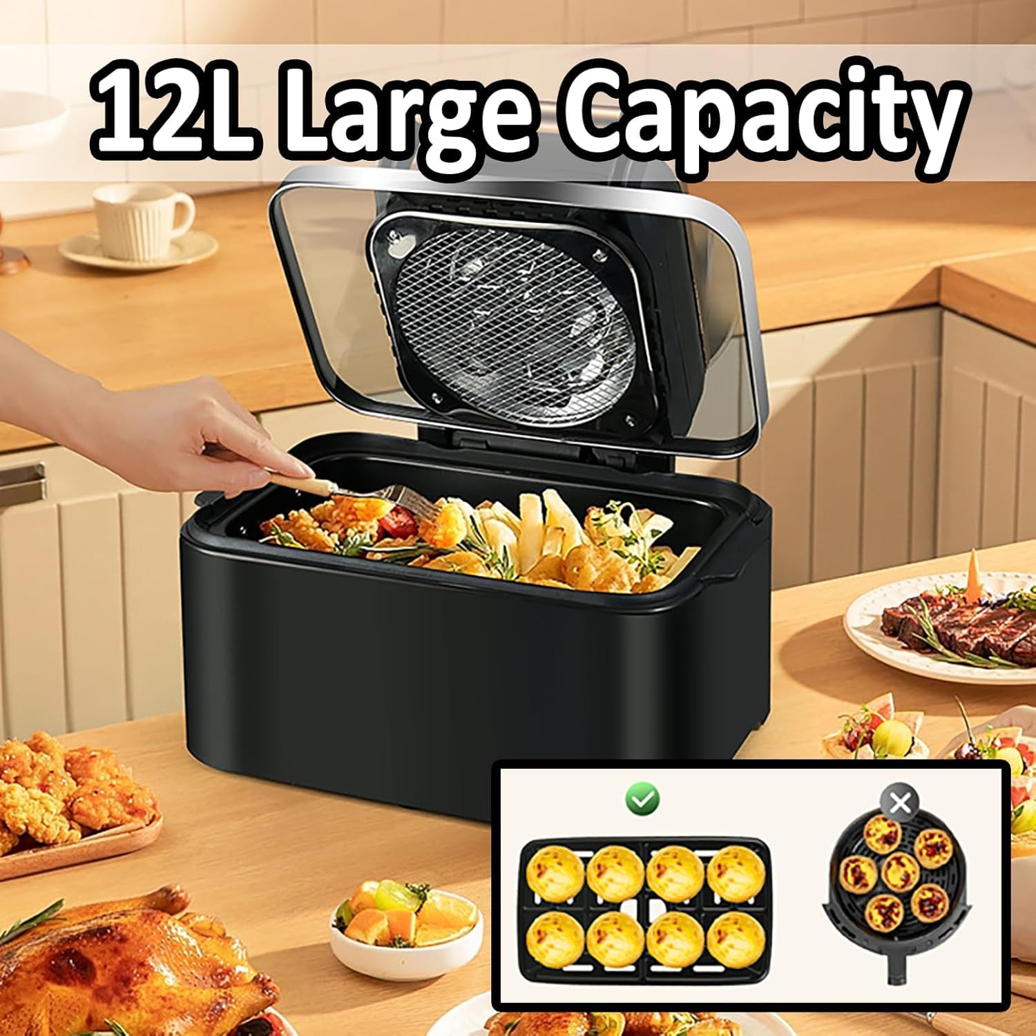 Horno Freidora De Aire Digital con Ventana Transparente, Pantalla Táctil Ajustable Y Cesta Antiadherente Extraíble para Una Cocina Saludable.