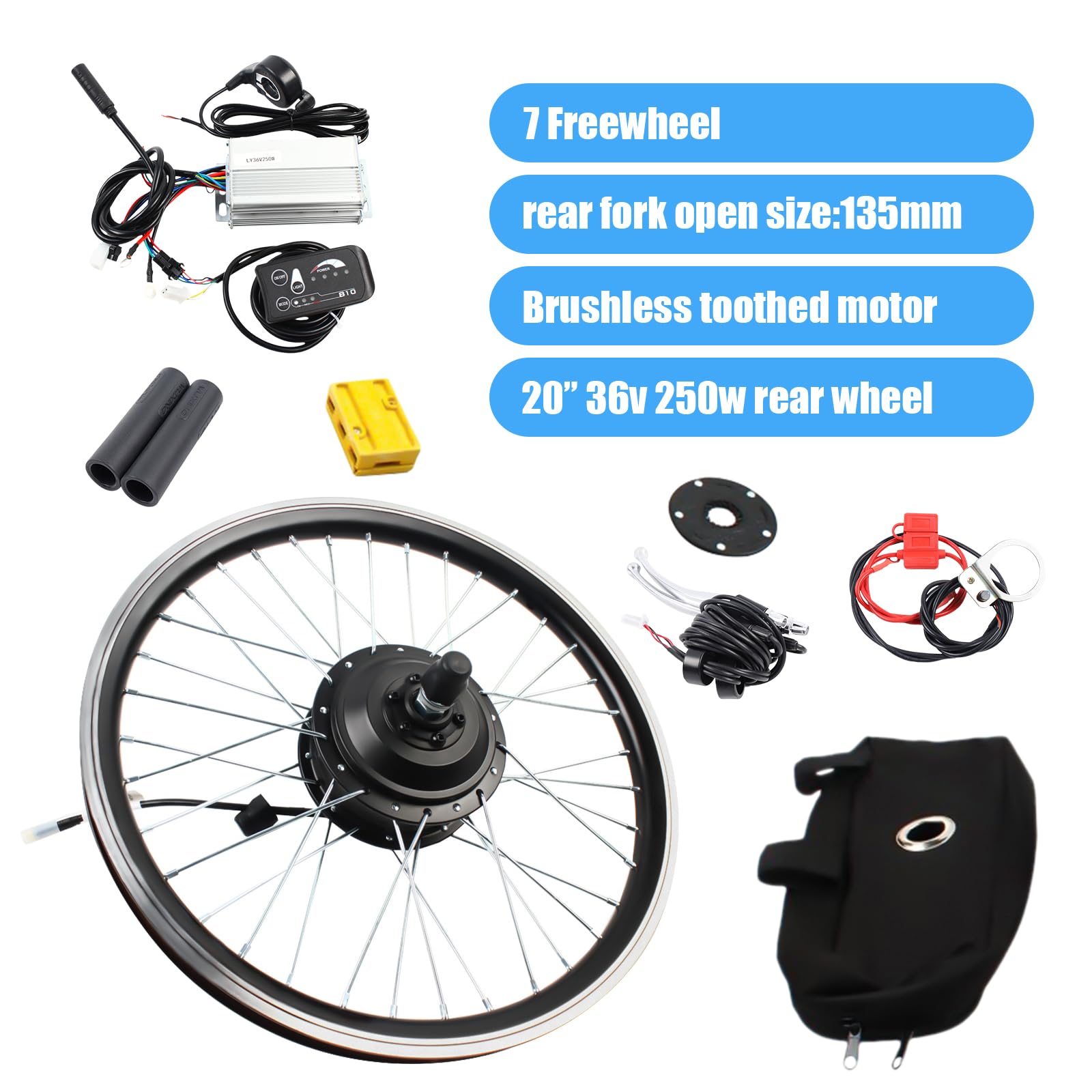 20 Zoll E-Bike Umbausatz, 36V Hinterrad Bürstenloser Nabenmotor mit LED Display, 5 Magnetpunkte Sensor, 3 Gang Getriebe, Elektrofahrräder Conversion Kit für V-Bremse und Scheibenbremse