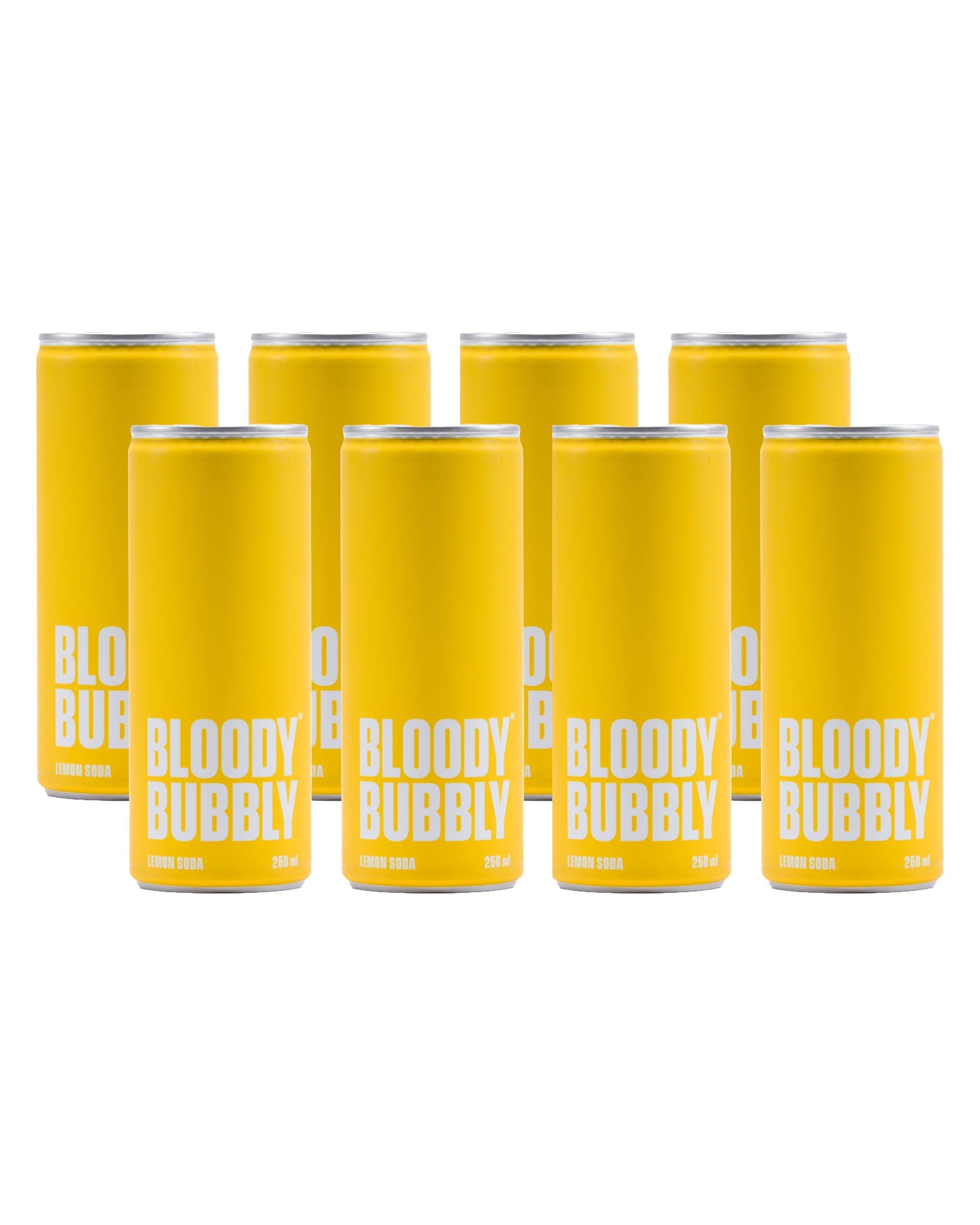BLOODY BUBBLY LEMON SODA | Naturally Flavoured Soda | 44 Cal Per Can | No Added Artificial Flavours, Colours & Preservatives (250ml Each_Pack of 8)