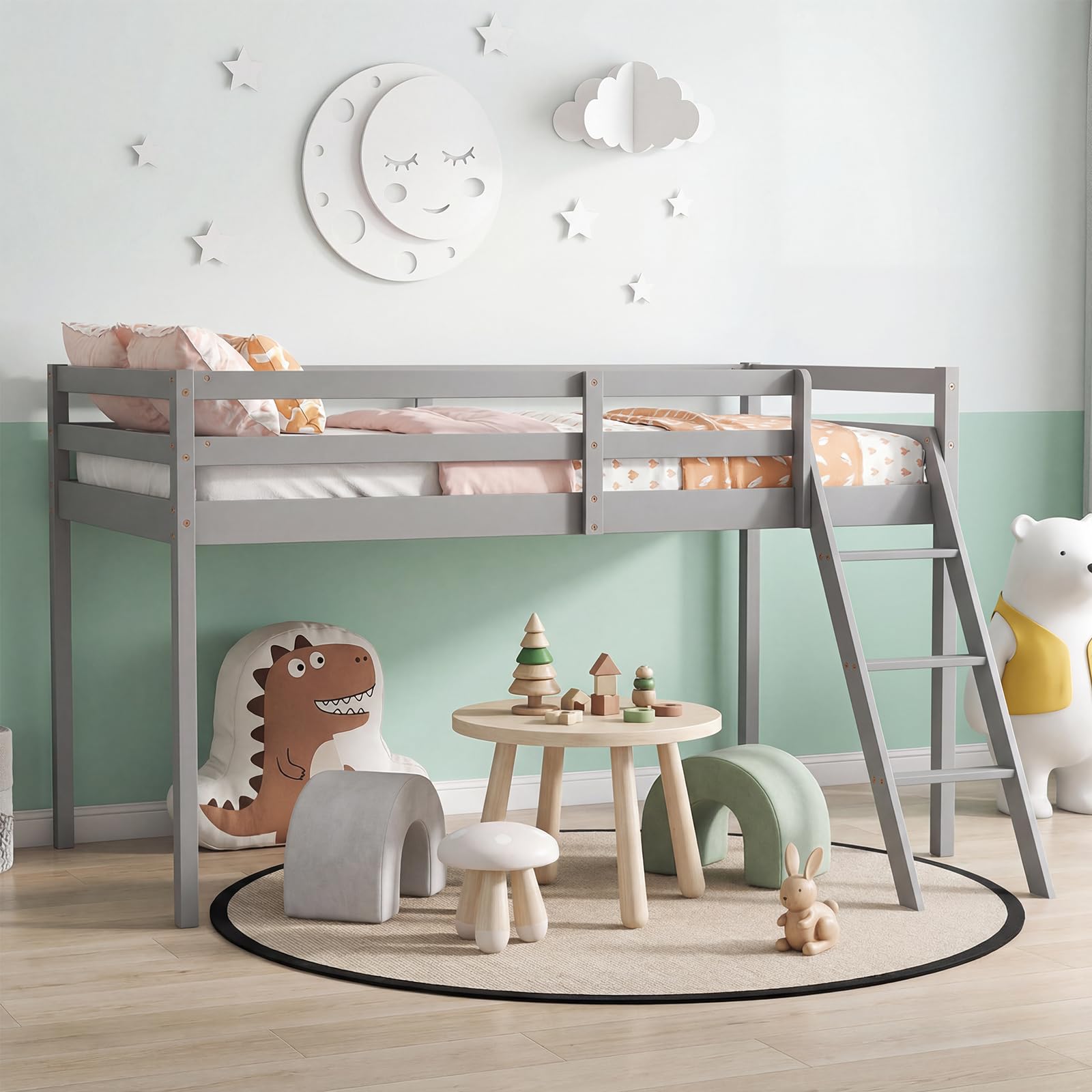 Panana Mid Sleeper Bed with Slide, Single Bed for Kids 3FT Solid Pine Wood Bunk Bed with Ladder (Grey, No Slide)