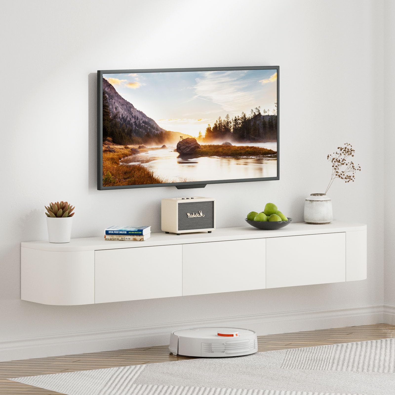 SHGJ&SOFT Floating TV Stand 160CM, Wall Mounted Floating TV Unit, Modern Media Console TV Cabinet with Doors & Large Storage, Rounded Edge Floating TV Units, Living Room Bedroom Office White