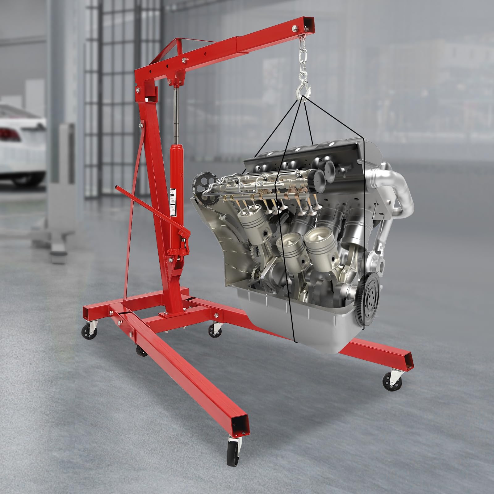 2T/4400 Lbs Folding Engine Hoist Crane Hoist Lift, Heavy Duty Carbon Steel with 6 Iron Caster Wheels, 4 Adjustable Positions, for Garage Workshop Engine Lifting Loading (Red)